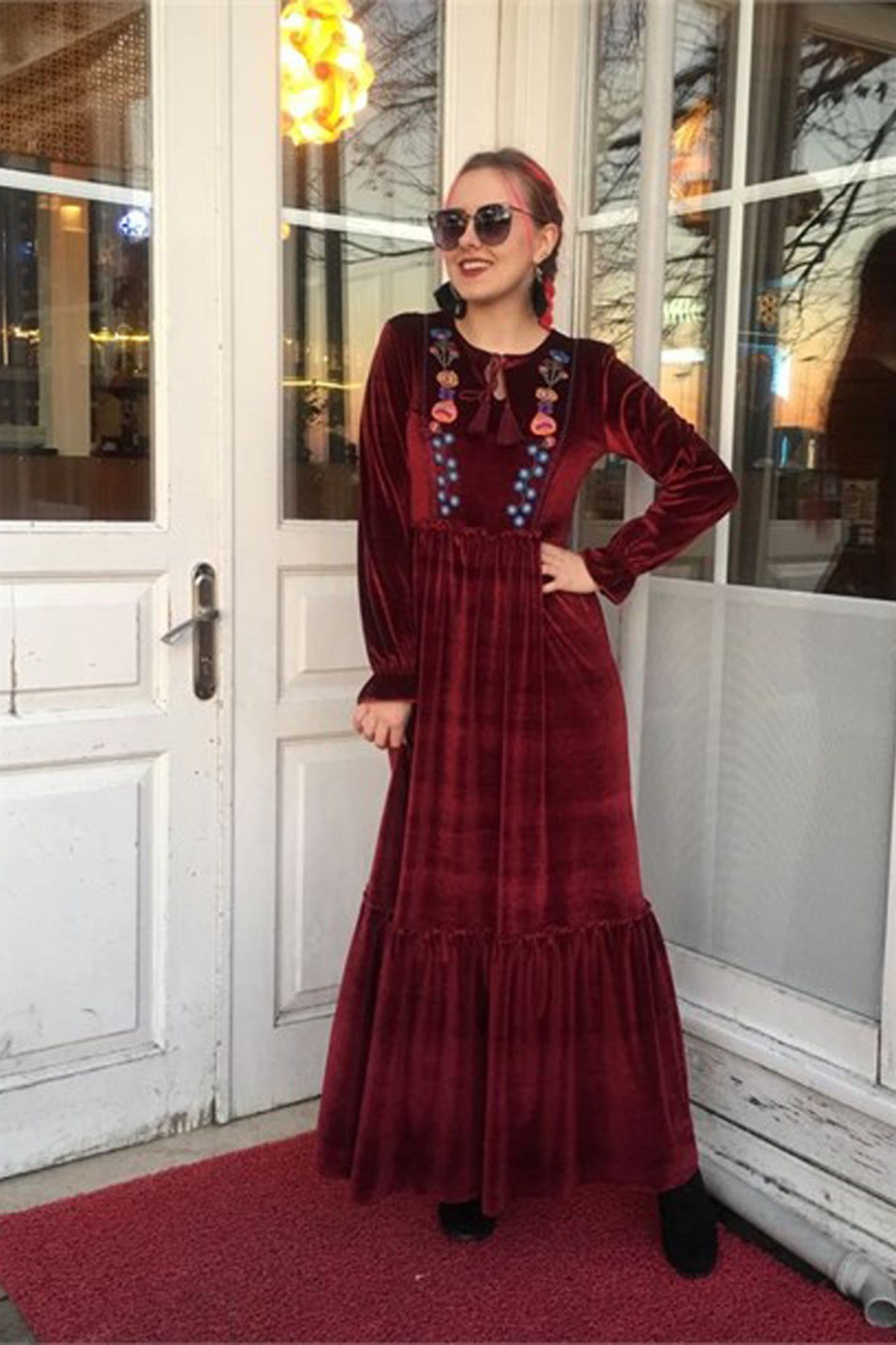 NEW 2380 Kadife İşlemeli Elbise Bordo