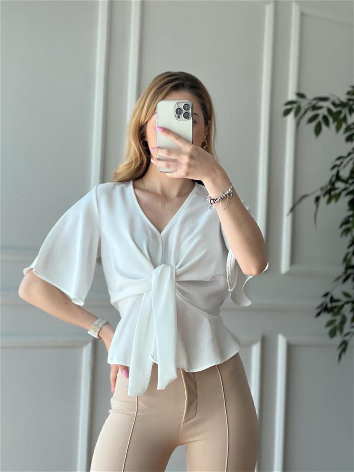 Önü Büzgülü Bluz 3910 Beyaz