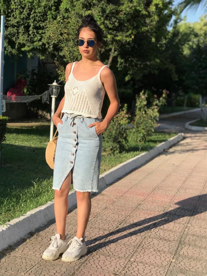 Önü Düğmeli Kemerli Kot Etek Karla -3001-2 Mavi