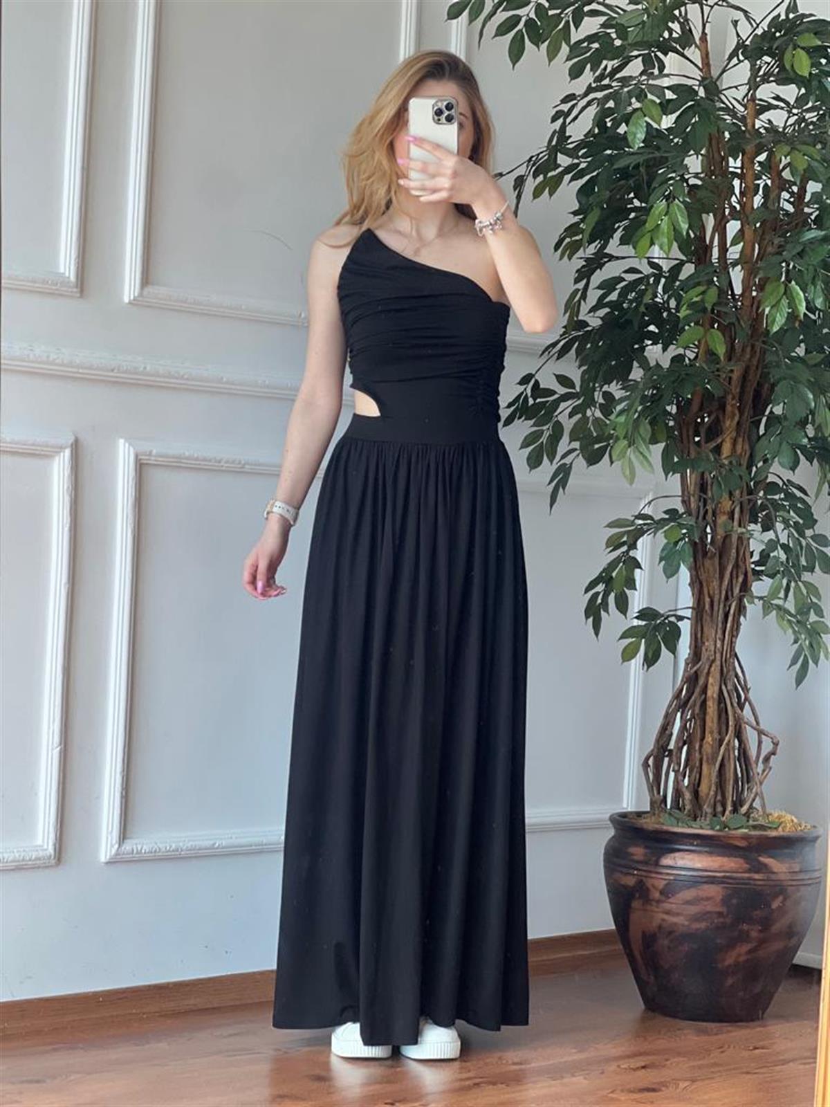 Pencere Detaylı Uzun Elbise 90726 Siyah