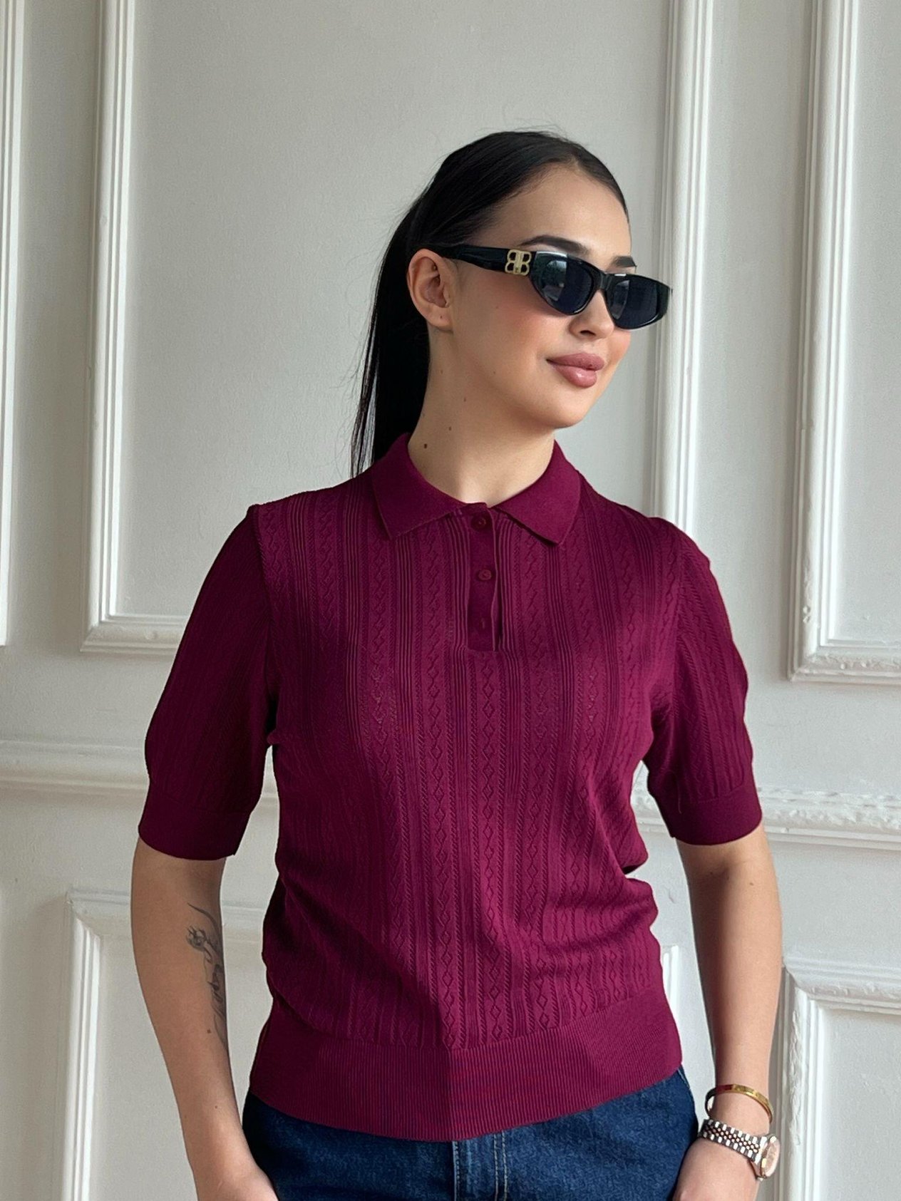 Polo Yaka Ajurlu Kısa Kol Bluz 311 Bordo