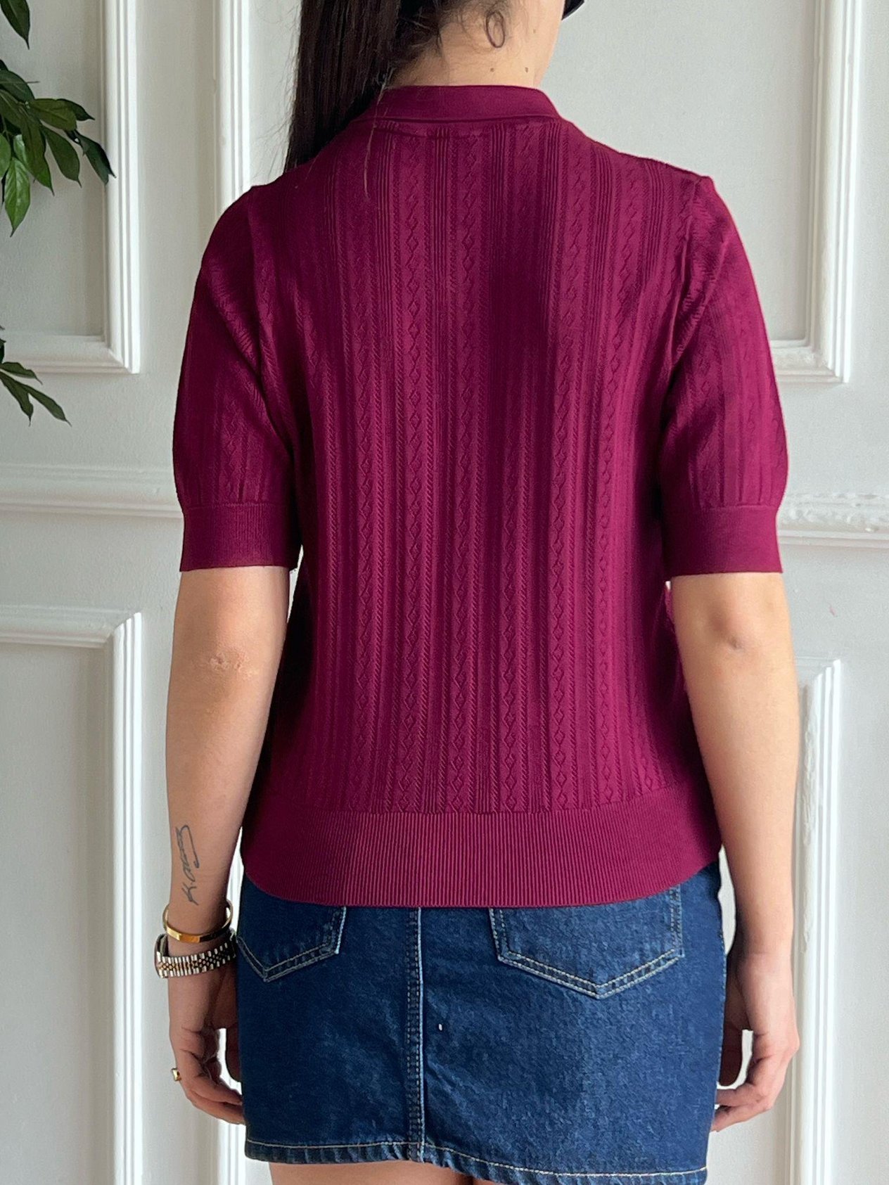 Polo Yaka Ajurlu Kısa Kol Bluz 311 Bordo