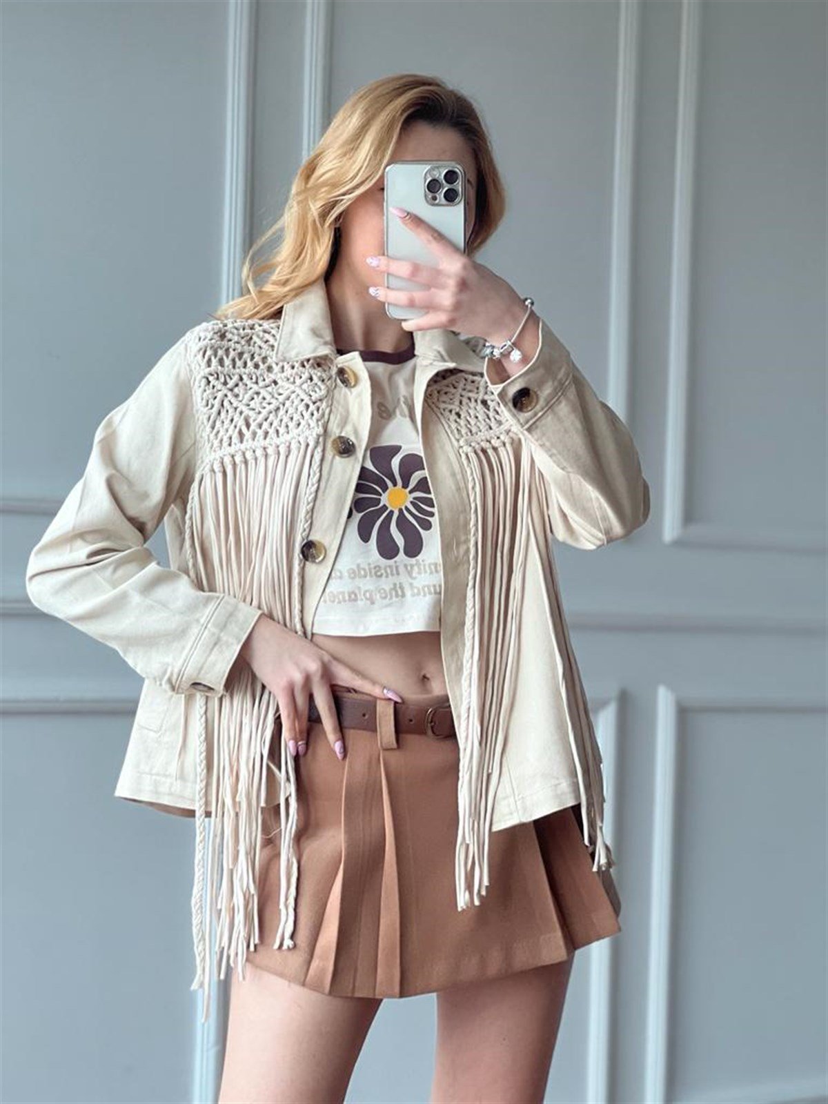 Püsküllü Gabardin Ceket 51147 Taş