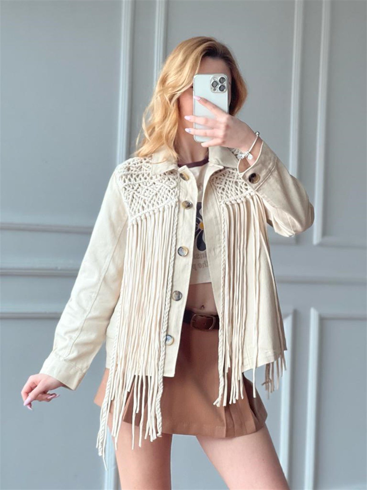Püsküllü Gabardin Ceket 51147 Taş