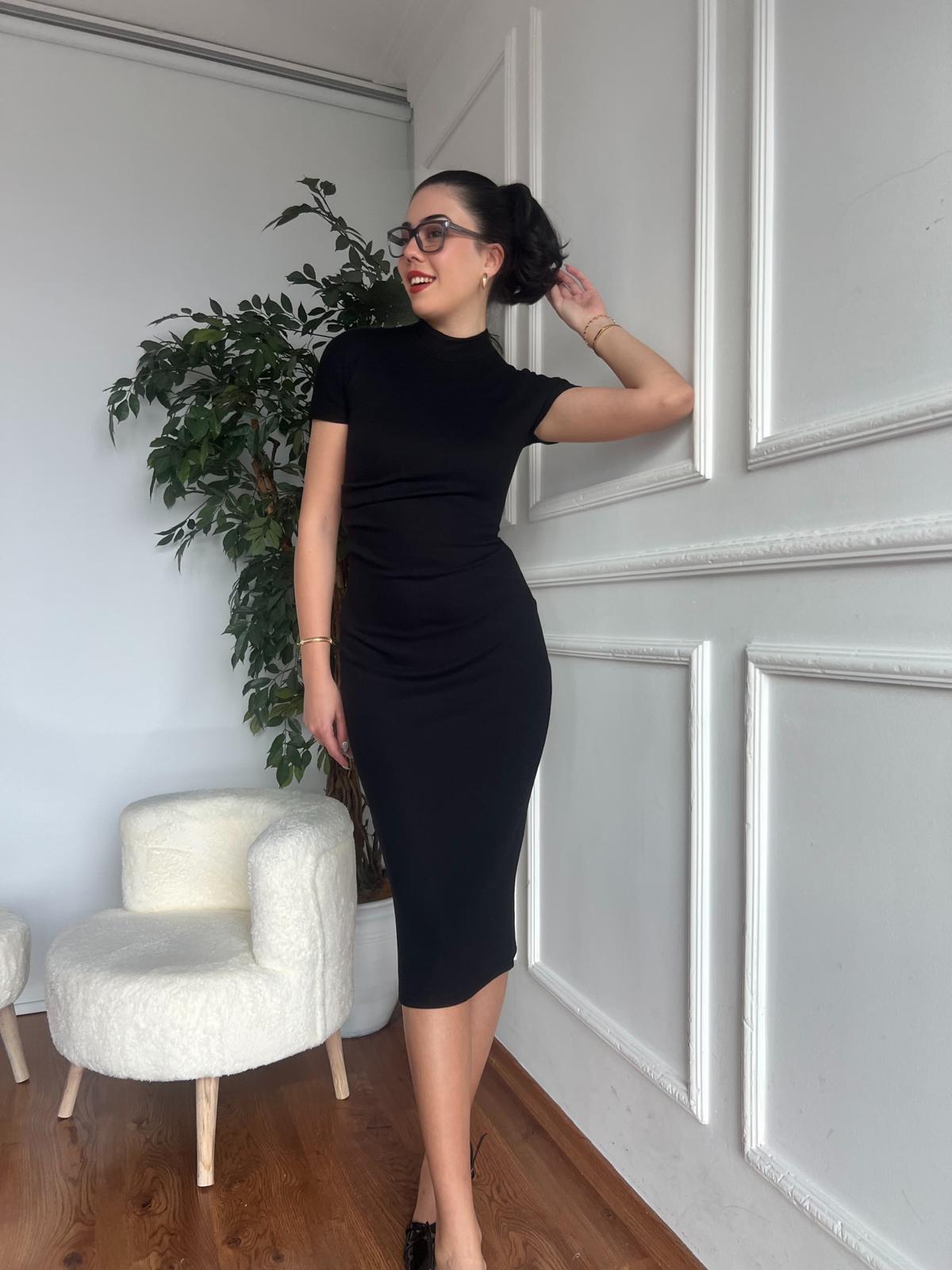Streç Örme Midi Elbise 91297 Siyah