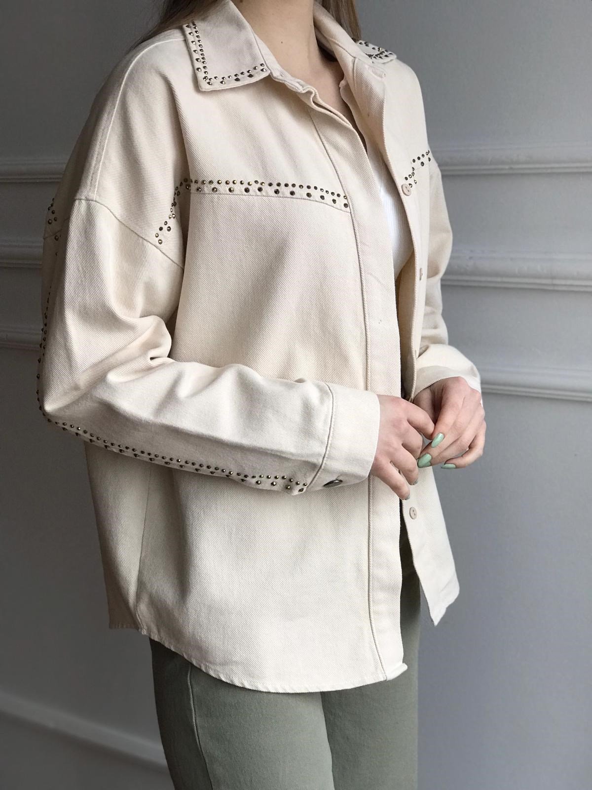 Taşlı Gabardin Gömlek 21645 Bej