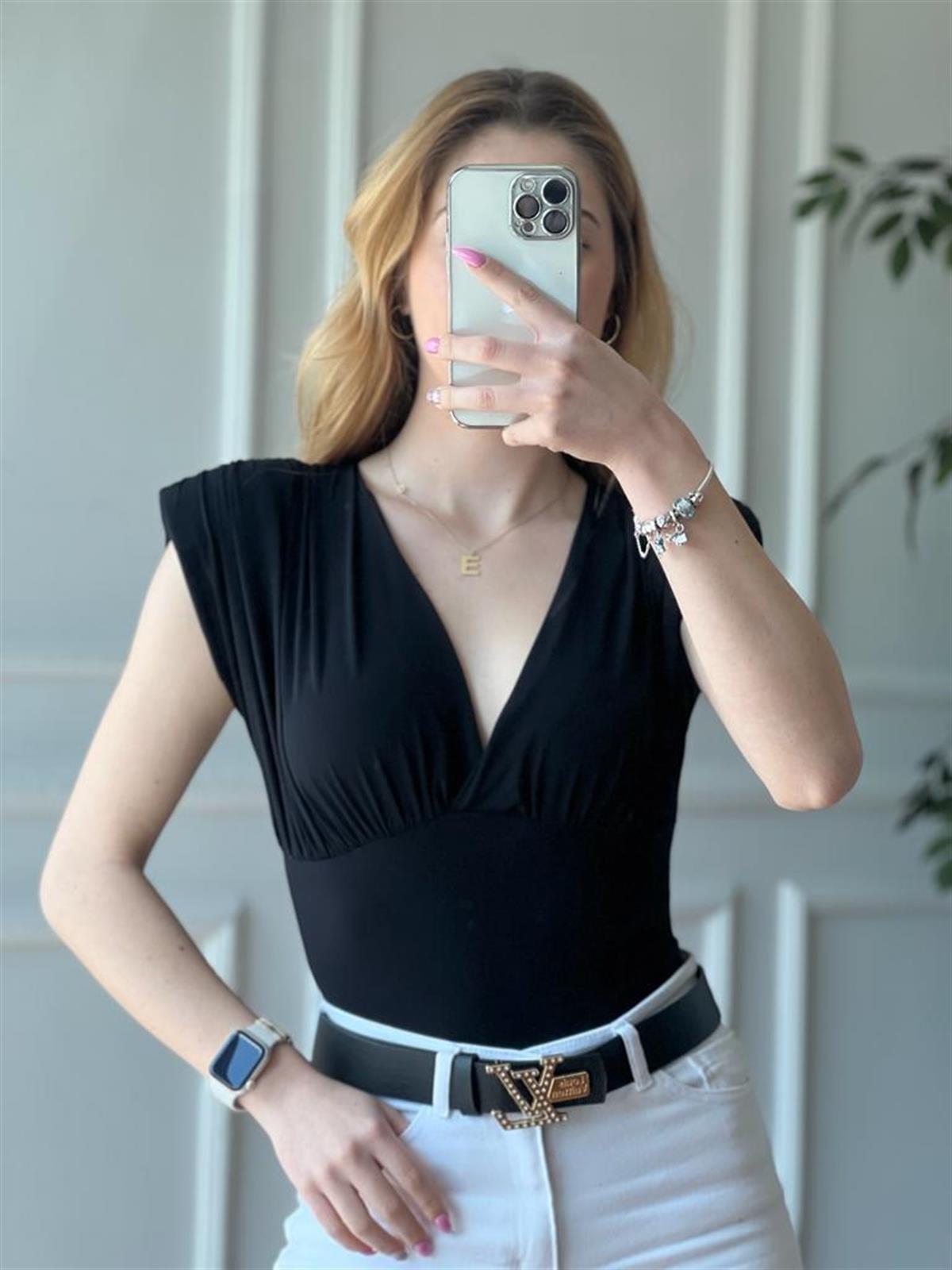 Vatkalı Derin Yaka Bluz 4296 Siyah