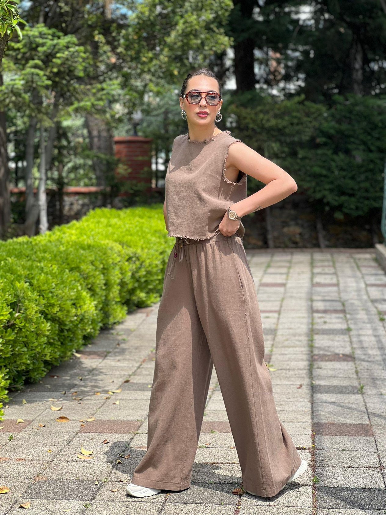 Yelek Pantolon Keten Takım 252-8011 Açık Kahve