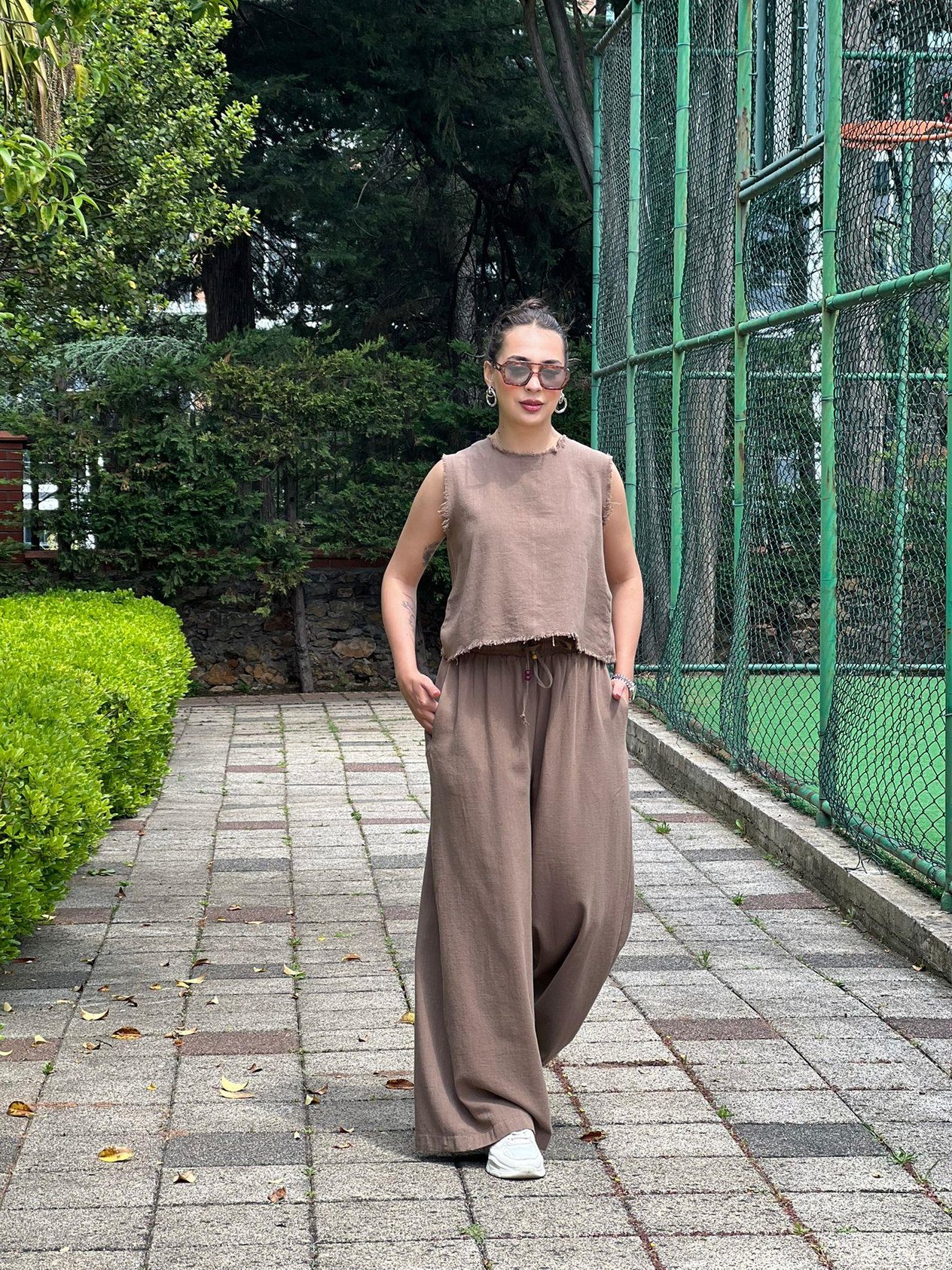 Yelek Pantolon Keten Takım 252-8011 Açık Kahve