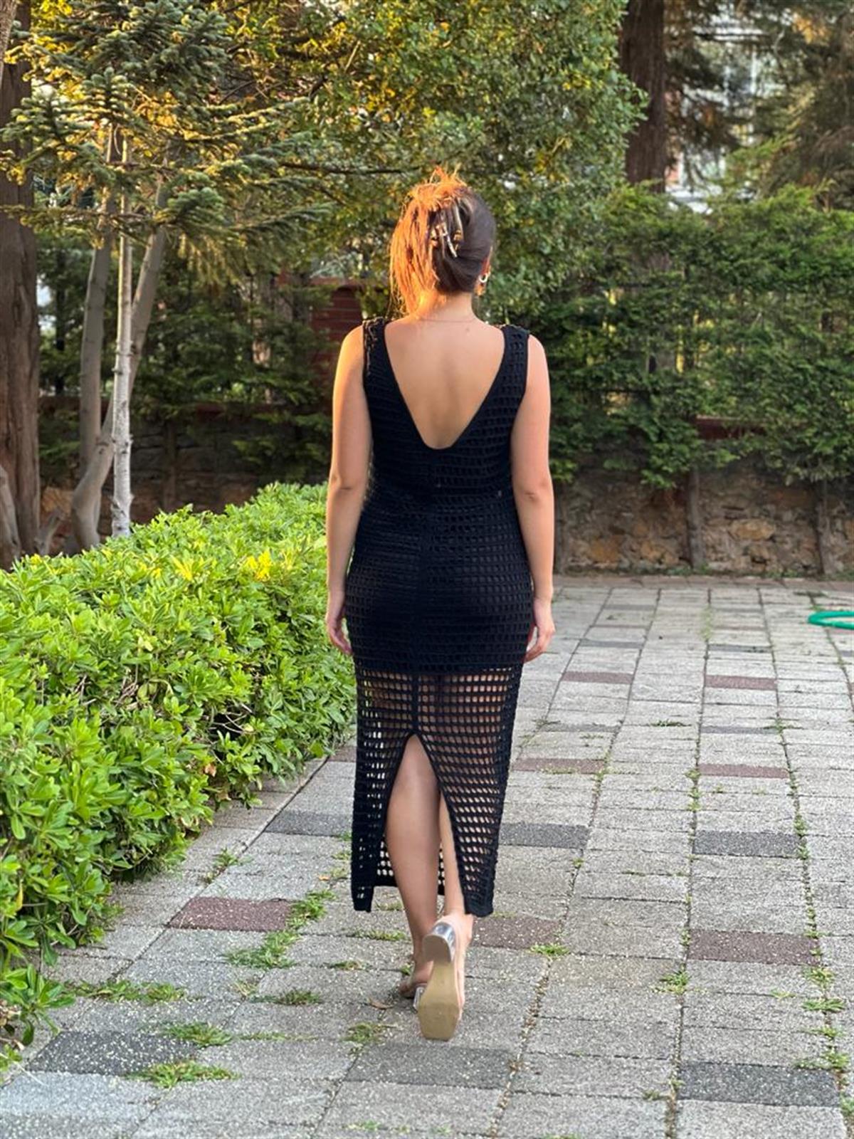 Yırtmaçlı Delikli Triko Elbise 4018 Siyah