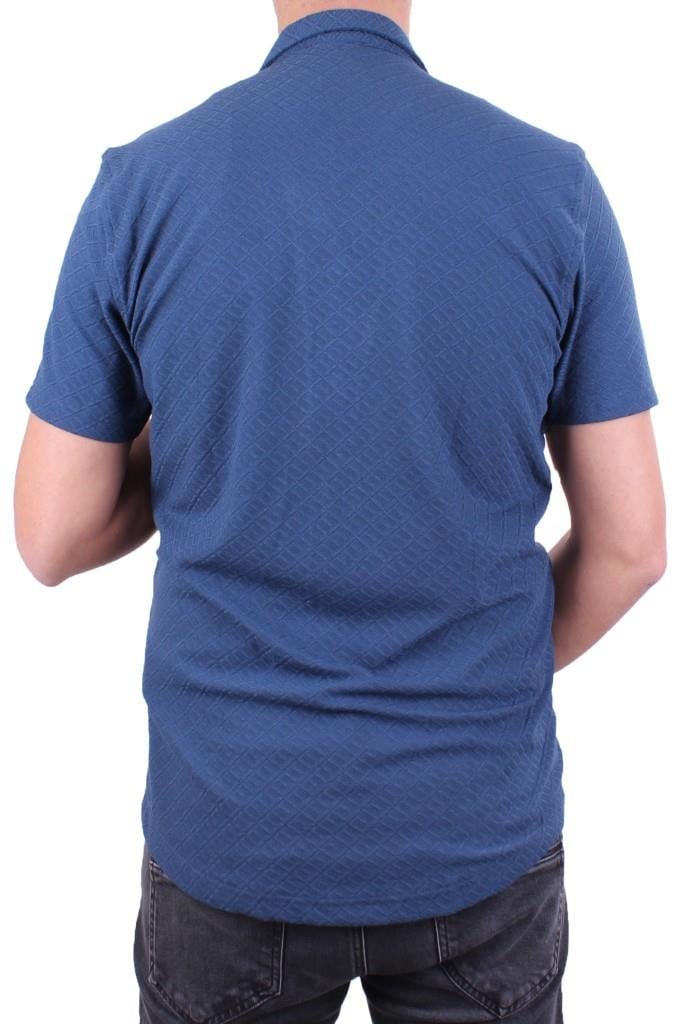 Dagoster DMG23-118381 İndigo Örme Apaj Yaka Dar Kalıp Kısa Kol Erkek Gömlek