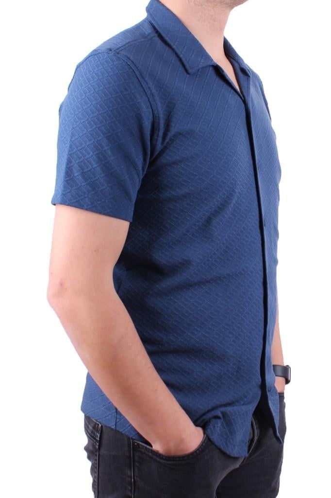 Dagoster DMG23-118381 İndigo Örme Apaj Yaka Dar Kalıp Kısa Kol Erkek Gömlek