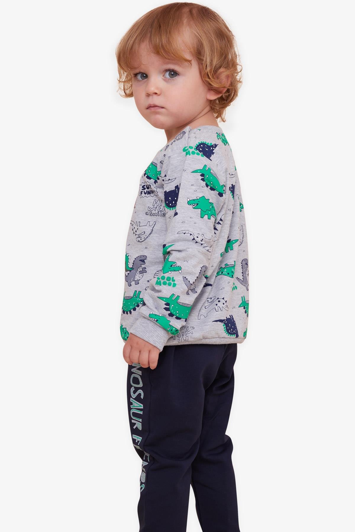 Breeze Erkek Bebek Eşofman Takımı Dinozor Baskılı Gri (9 Ay-3 Yaş)