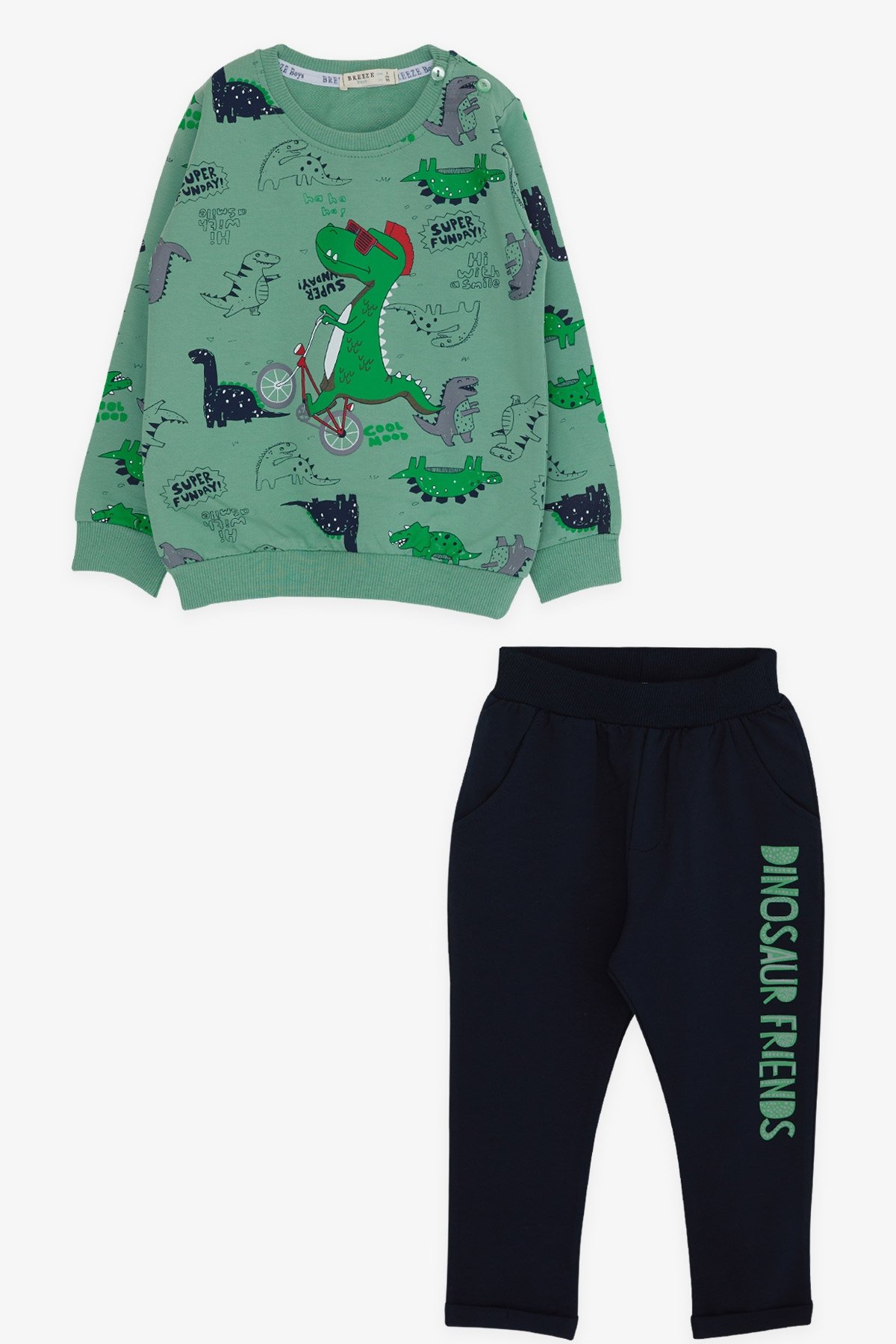 Breeze Erkek Bebek Eşofman Takımı Dinozor Baskılı Mint Yeşili (9 Ay-3 Yaş)