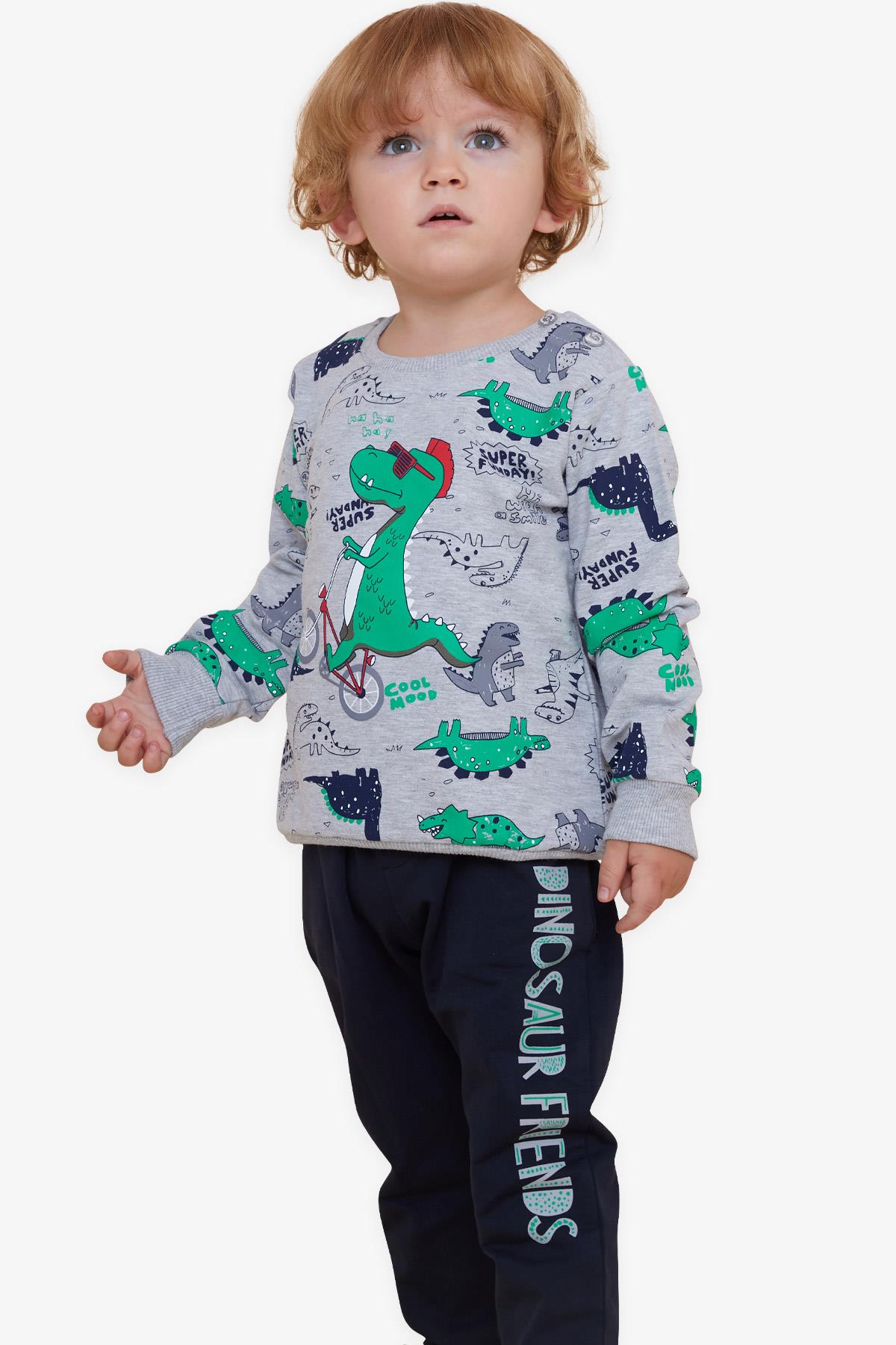 Breeze Erkek Bebek Eşofman Takımı Dinozor Baskılı Gri (9 Ay-3 Yaş)
