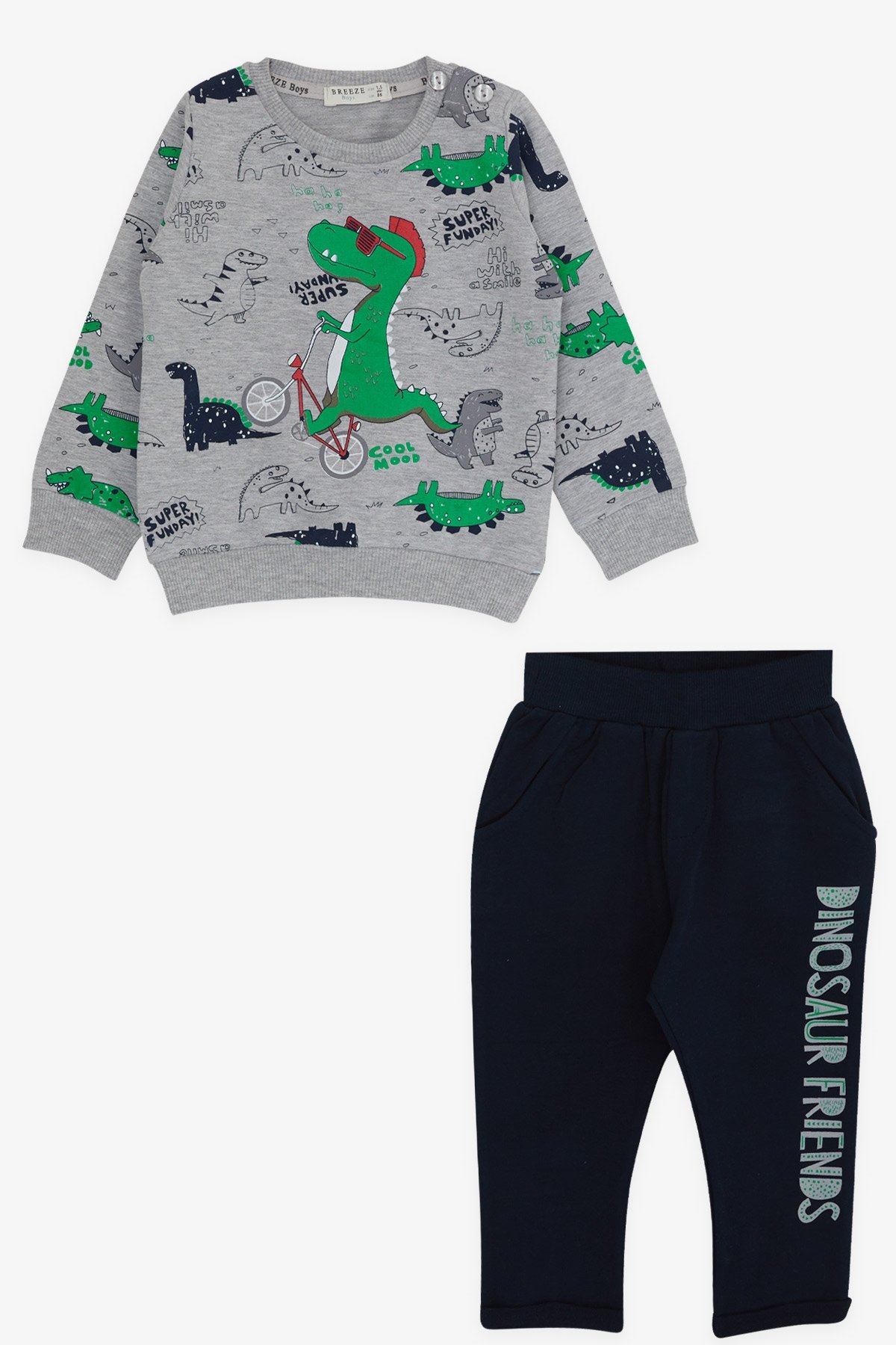 Breeze Erkek Bebek Eşofman Takımı Dinozor Baskılı Gri (9 Ay-1 Yaş)