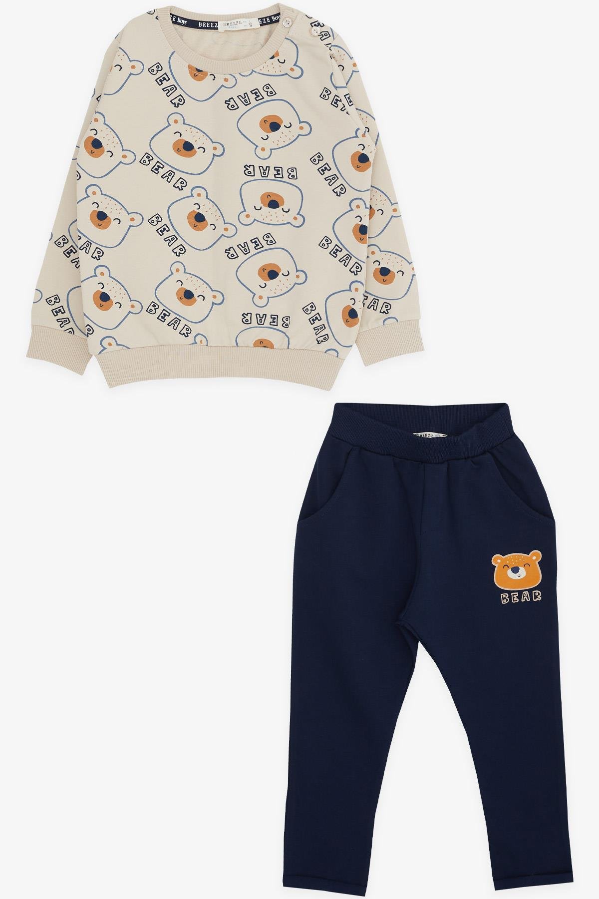 Breeze Erkek Bebek Eşofman Takımı Sevimli Ayıcık Desenli Bej (9 Ay-3 Yaş)