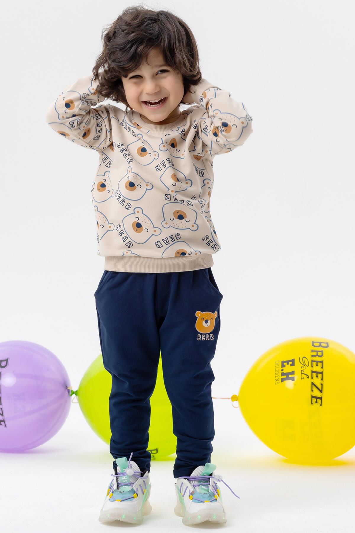 Breeze Erkek Bebek Eşofman Takımı Sevimli Ayıcık Desenli Bej (9 Ay-3 Yaş)