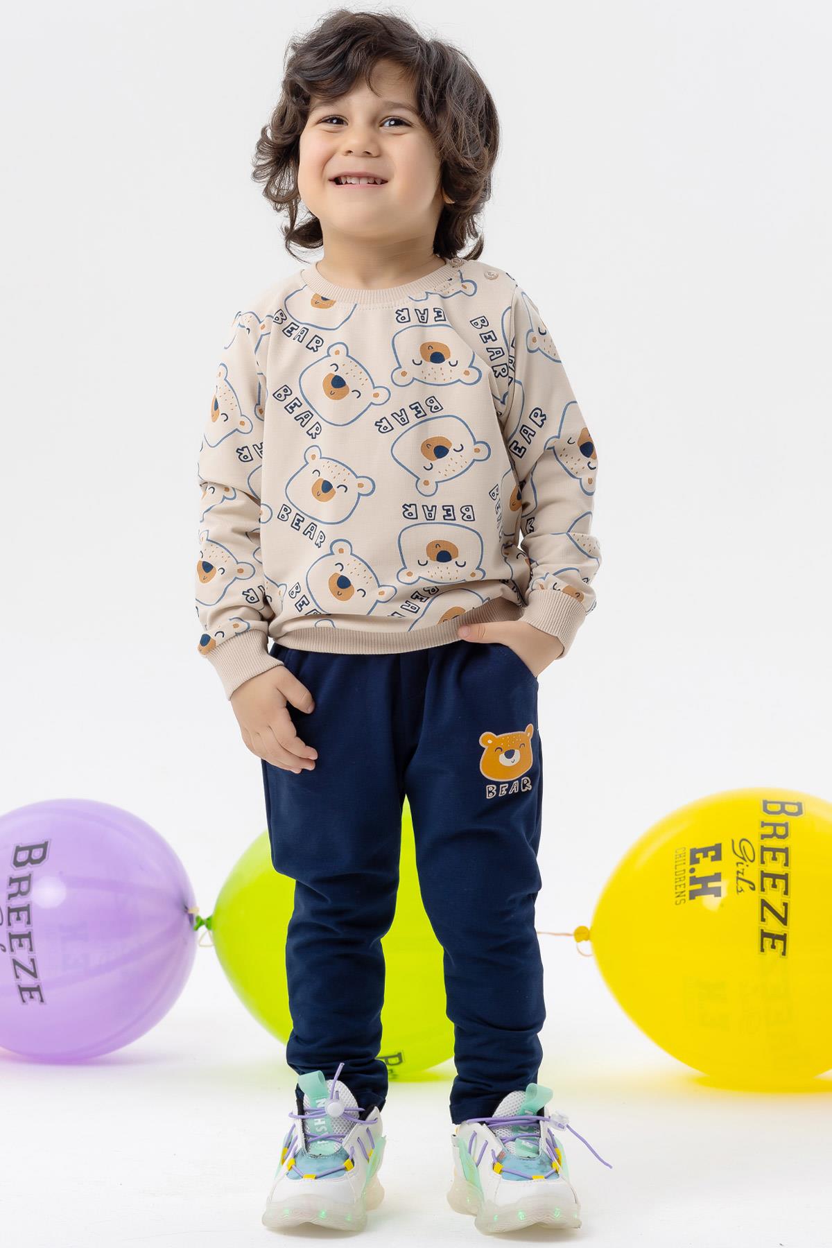 Breeze Erkek Bebek Eşofman Takımı Sevimli Ayıcık Desenli Bej (9 Ay-3 Yaş)