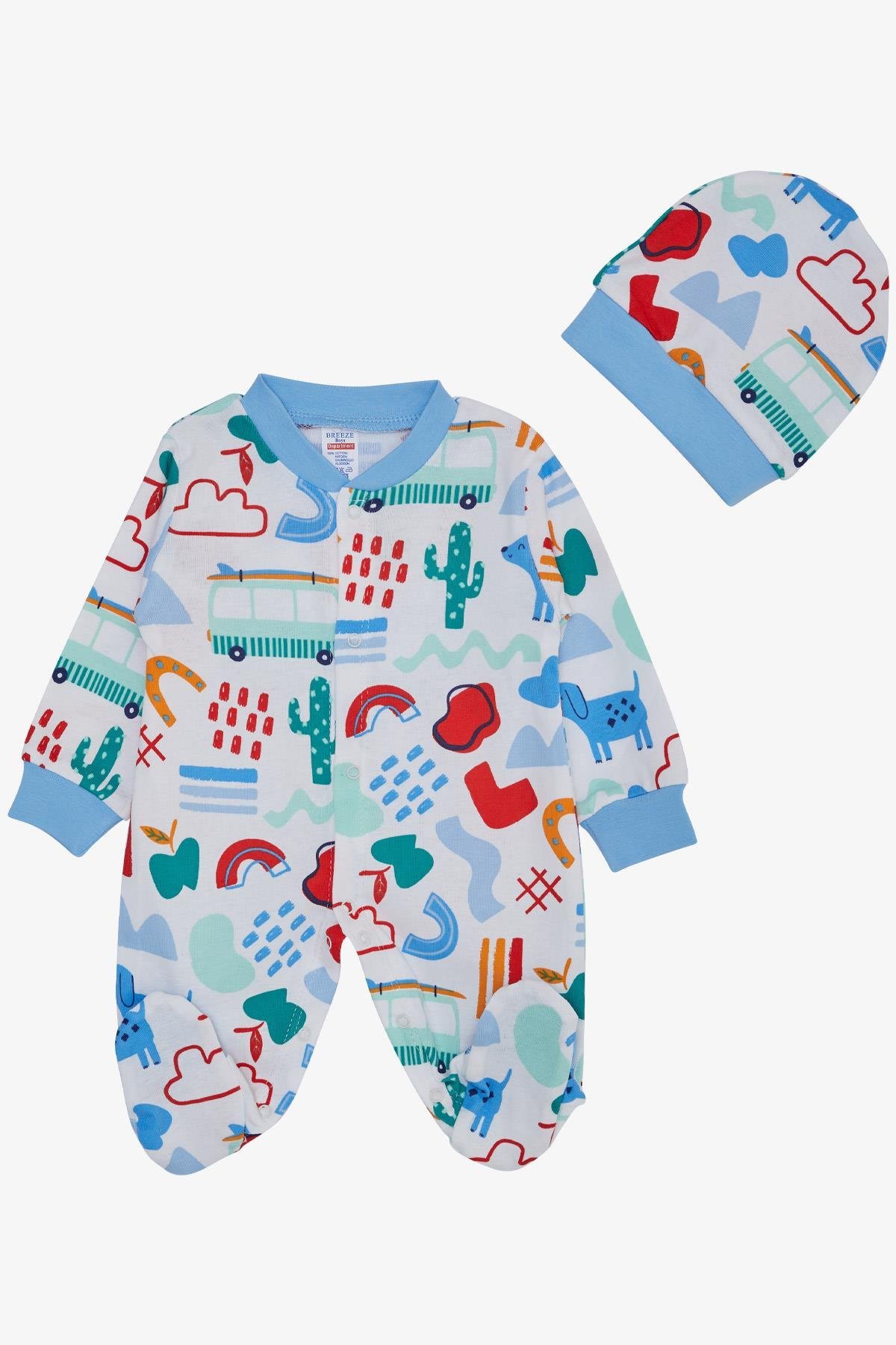 Breeze Erkek Bebek Patikli Tulum Desenli Köpekçik Baskılı Beyaz (0-6 Ay)