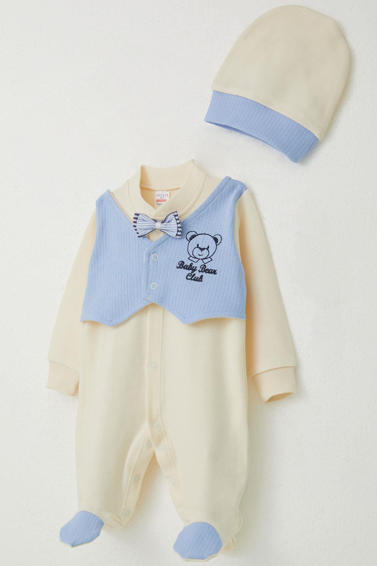 Breeze Erkek Bebek Patikli Tulum Sabit Papyonlu Yelekli Krem (0-6 Ay)