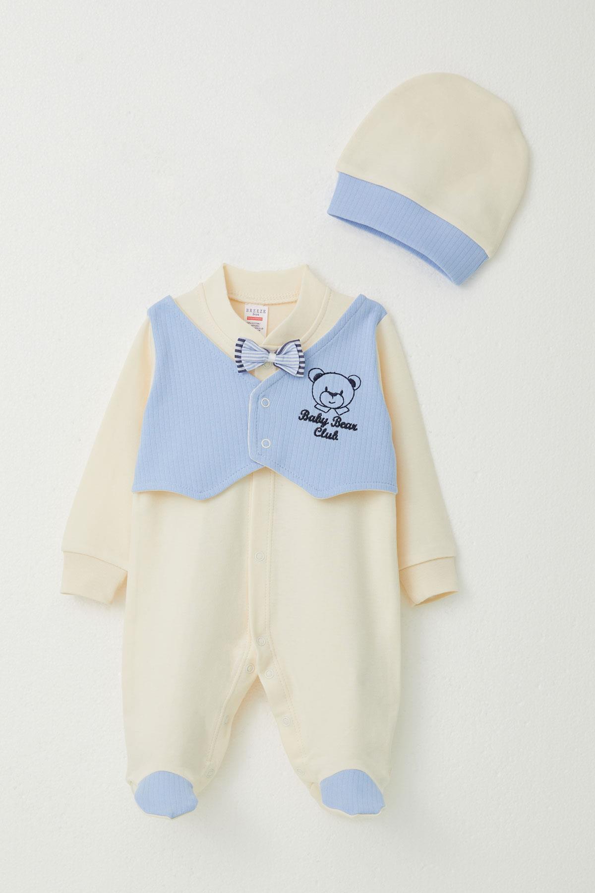 Breeze Erkek Bebek Patikli Tulum Sabit Papyonlu Yelekli Krem (0-6 Ay)