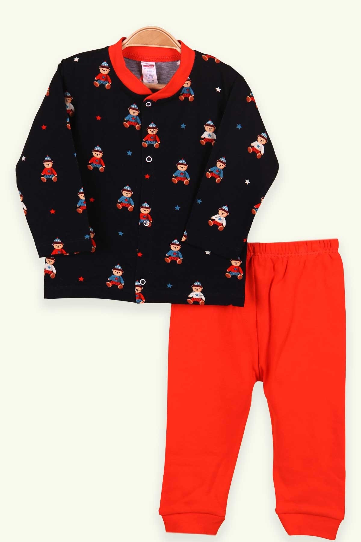 Breeze Erkek Bebek Pijama Takımı Çıtçıtlı Ayıcıklı Turuncu (0-3 Ay-9 Ay)