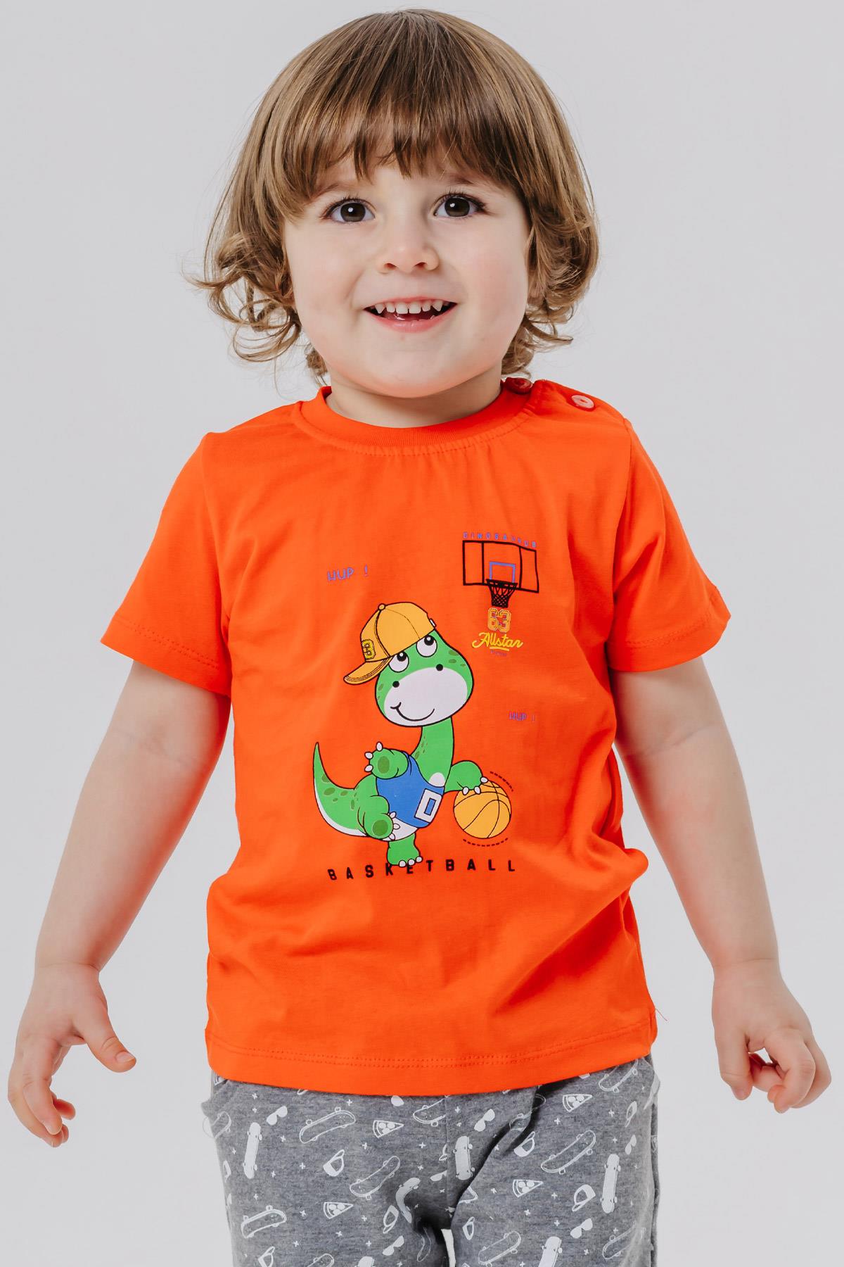 Breeze Erkek Bebek Tişört Basketçi Dinozor Baskılı Turuncu (9 Ay-3 Yaş)