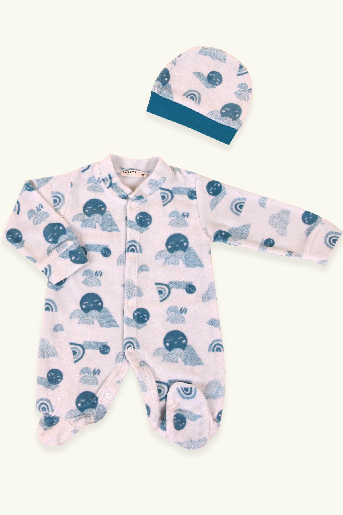 Breeze Erkek Bebek Tulum Emoji Desenli Bebe Mavisi (0-3 Ay-4 Ay)