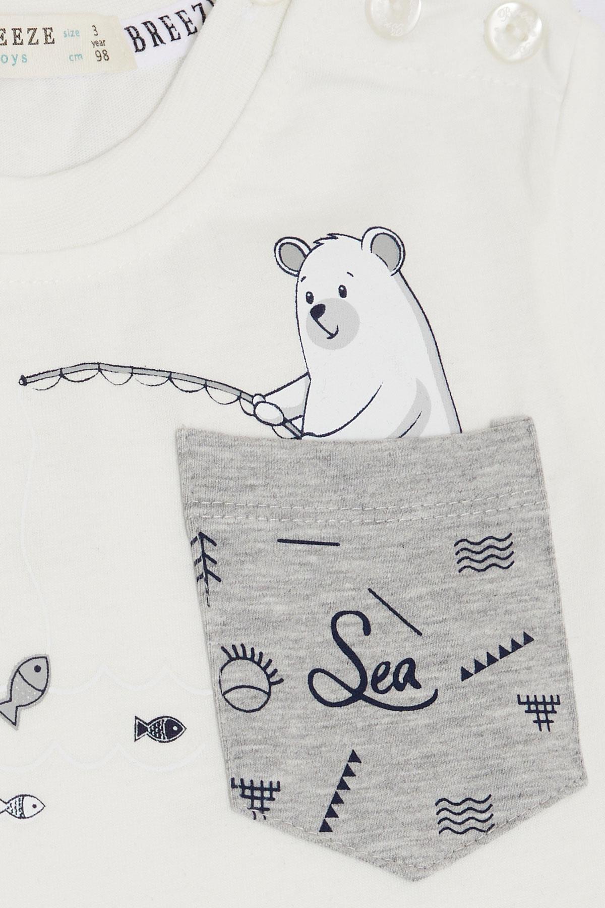 Breeze Erkek Çocuk Şort Takım Balıkçı Sevimli Panda Ekru (1.5-5 Yaş)
