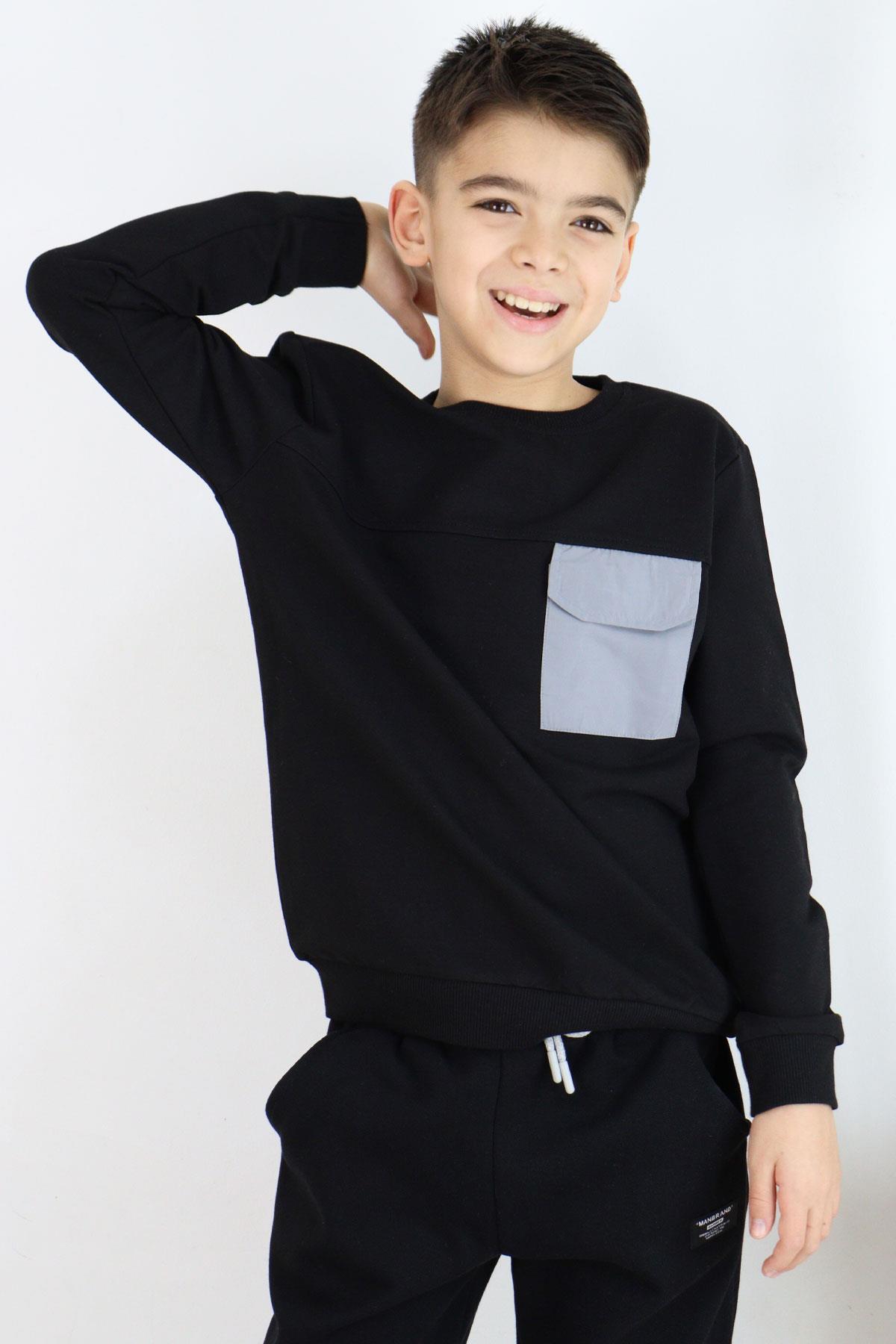 Breeze Erkek Çocuk Sweatshirt Kapaklı Cep Detaylı Siyah (6-12 Yaş)