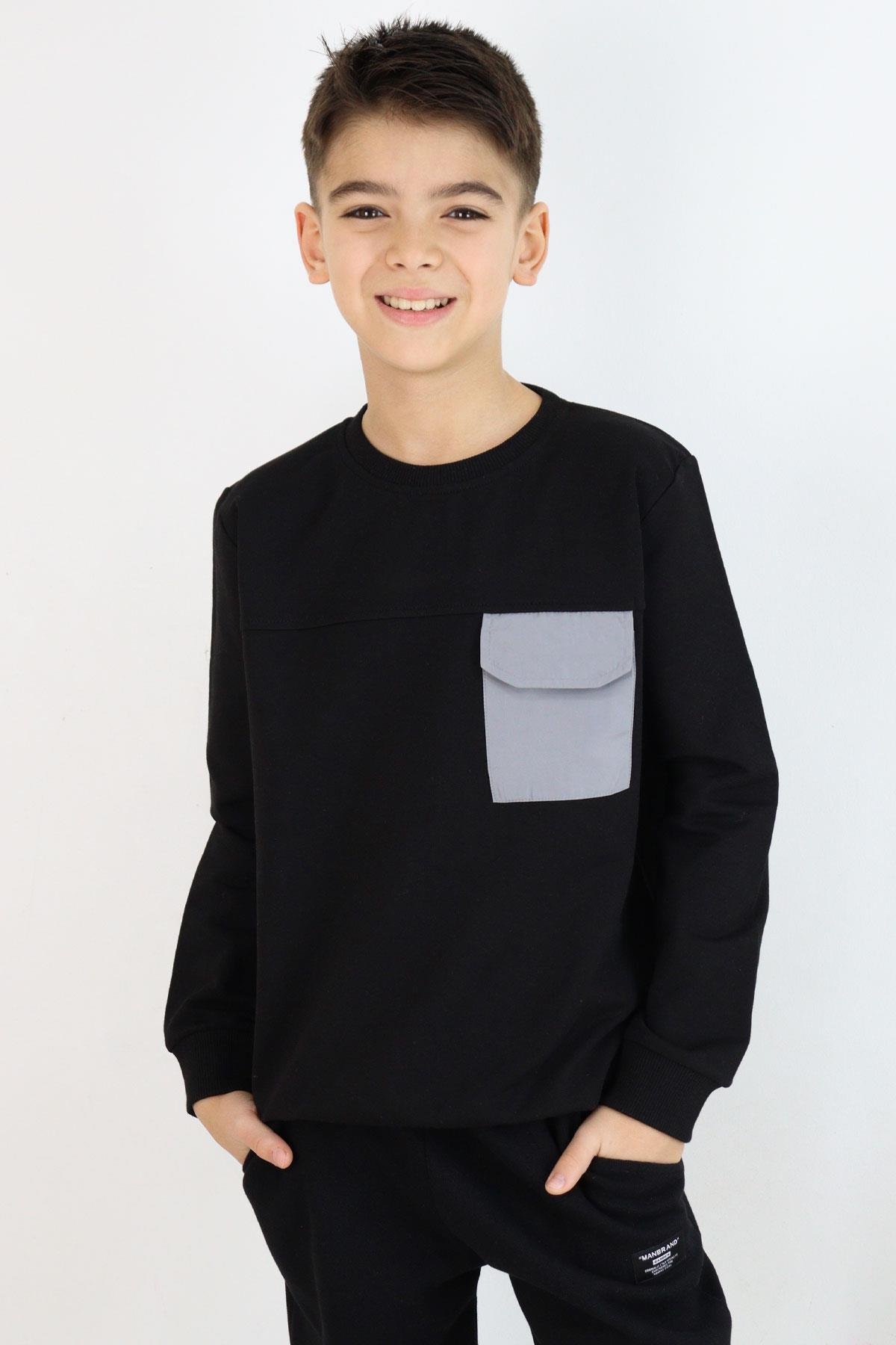 Breeze Erkek Çocuk Sweatshirt Kapaklı Cep Detaylı Siyah (6-12 Yaş)