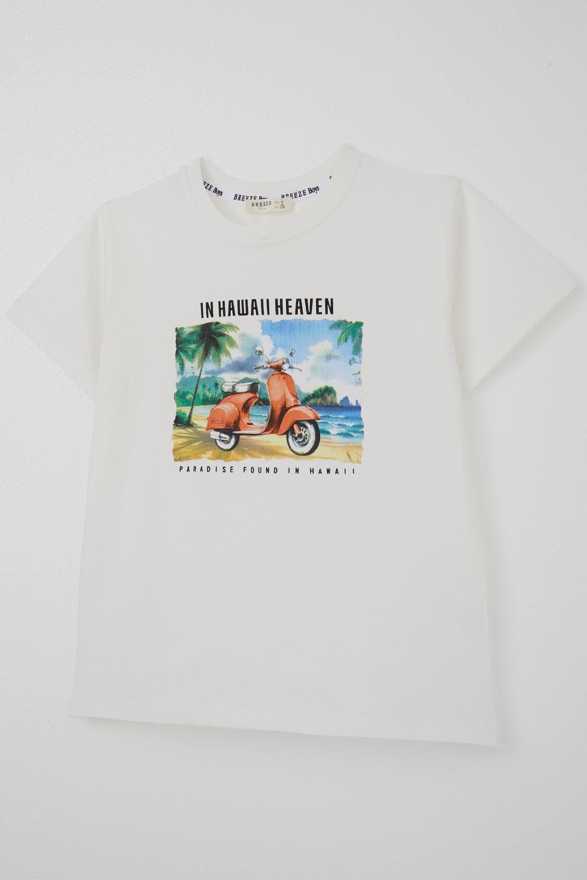 Breeze Erkek Çocuk Tişört Scooterla Tropik Hawaii Turu Ekru (5-10 Yaş)