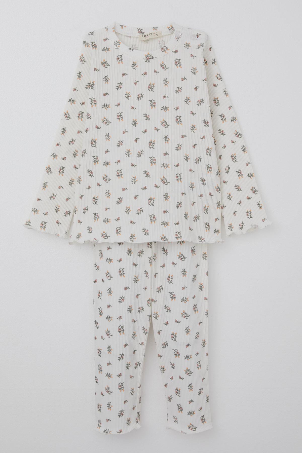Breeze Kız Bebek Pijama Takımı Çiçek Desenli Omuzu Düğmeli Ekru (9 Ay-3 Yaş)