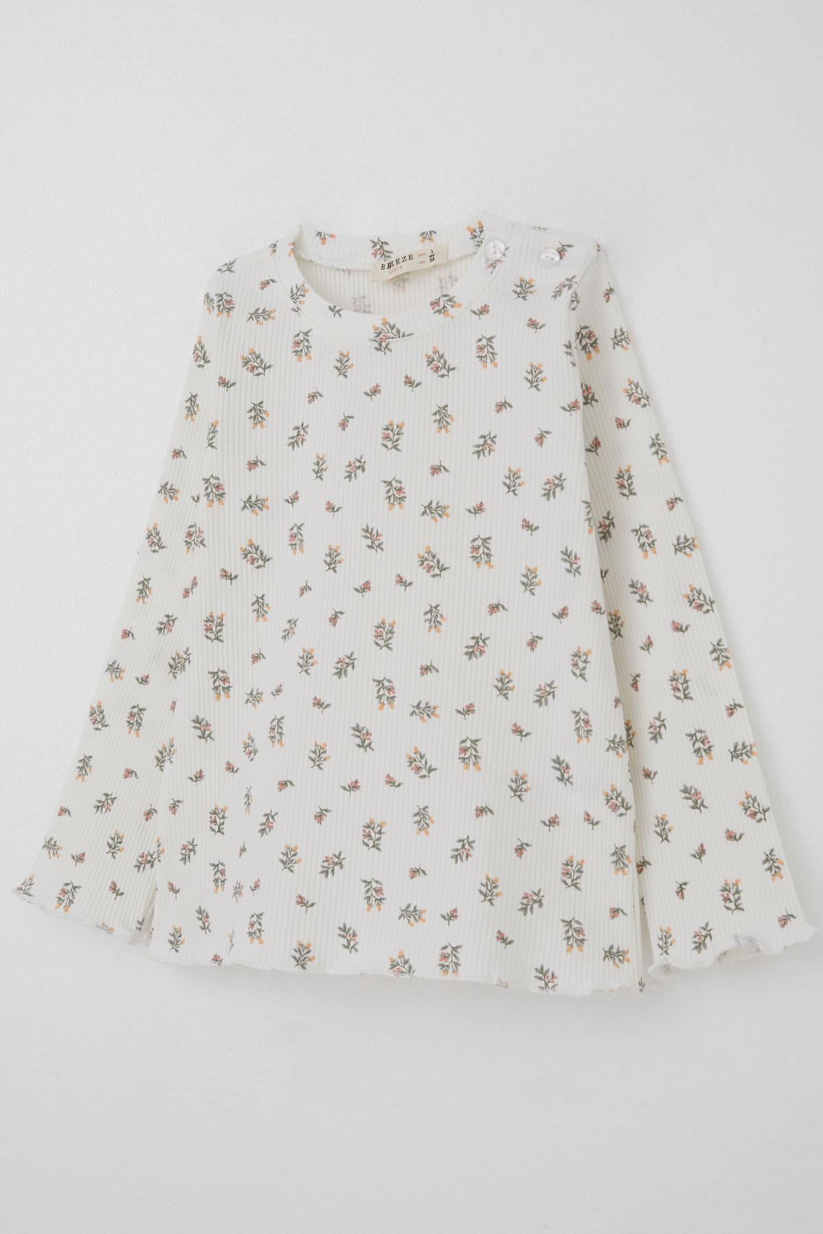 Breeze Kız Bebek Pijama Takımı Çiçek Desenli Omuzu Düğmeli Ekru (9 Ay-3 Yaş)