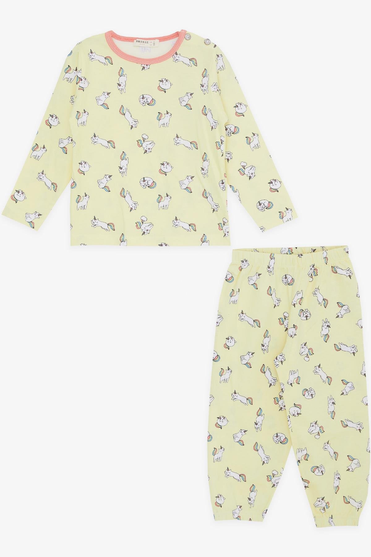 Breeze Kız Bebek Pijama Takımı Kedicorn Desenli Sarı (9 Ay-3 Yaş)