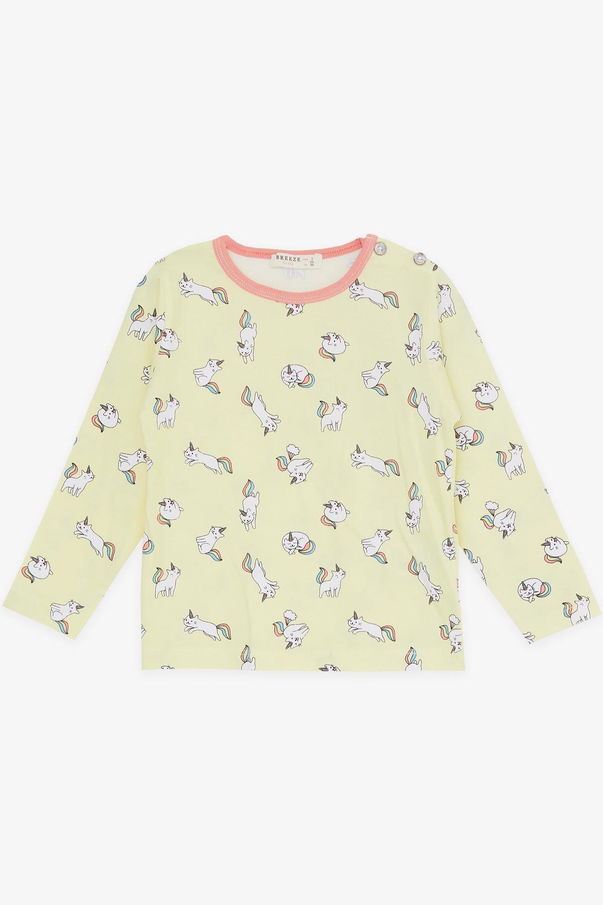 Breeze Kız Bebek Pijama Takımı Kedicorn Desenli Sarı (9 Ay-3 Yaş)