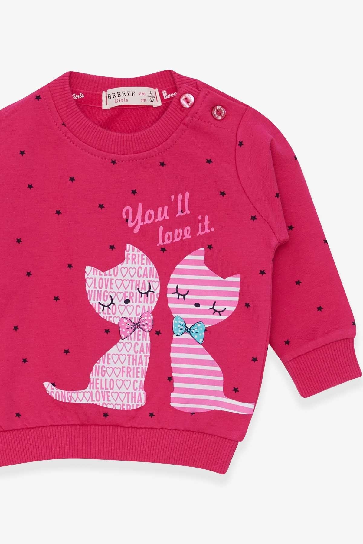 Breeze Kız Bebek Sweatshirt Mutlu Kedicikler Fuşya (4 Ay-1.5 Yaş)