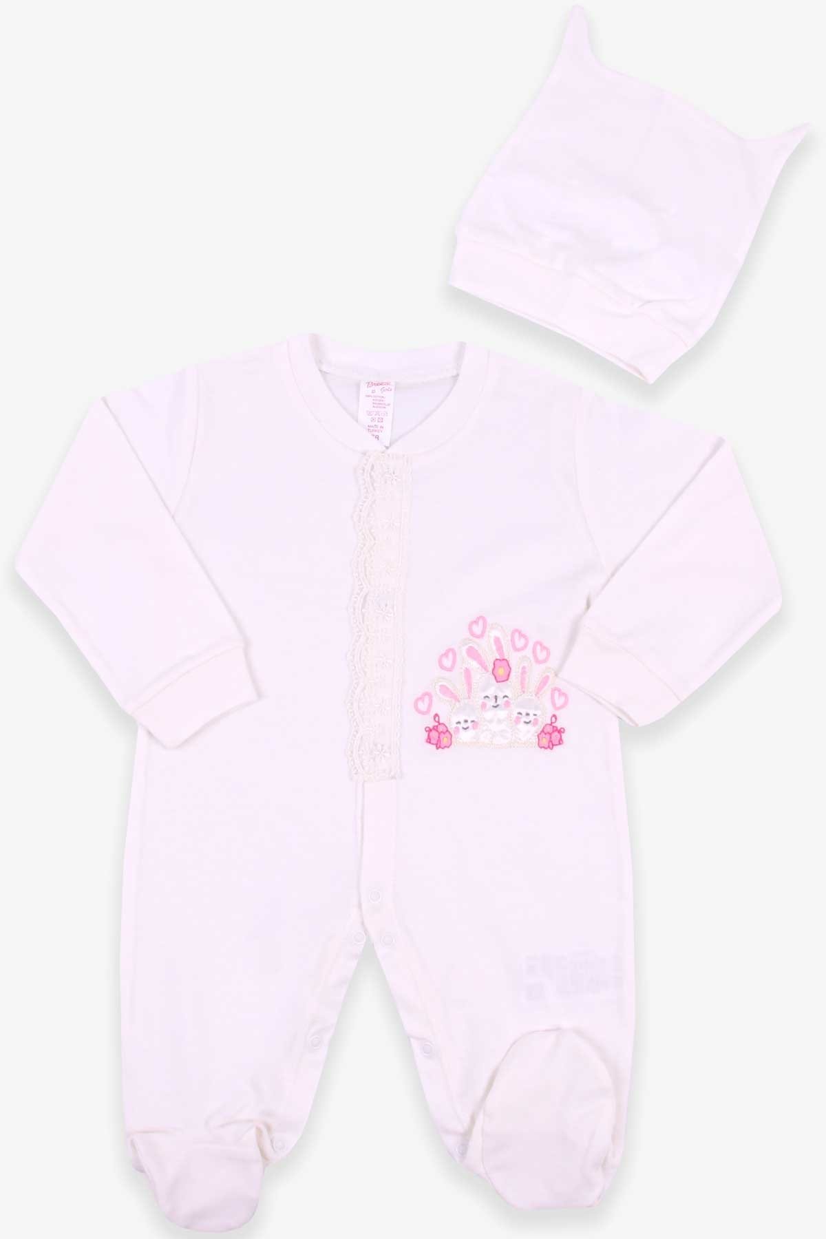 Breeze Kız Bebek Tulum Tavşan Nakışlı Şapkalı Set Ekru (0-3-6 Ay)
