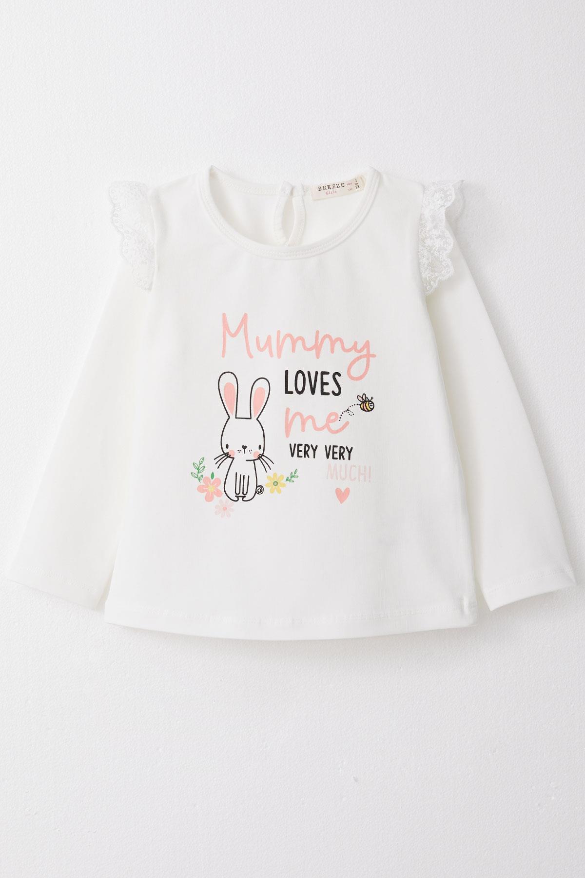 Breeze Kız Bebek Uzun Kollu Tişört Anne Sevgisi Temalı Tavşancık Baskılı Güpürlü Ekru (9 Ay-3 Yaş)