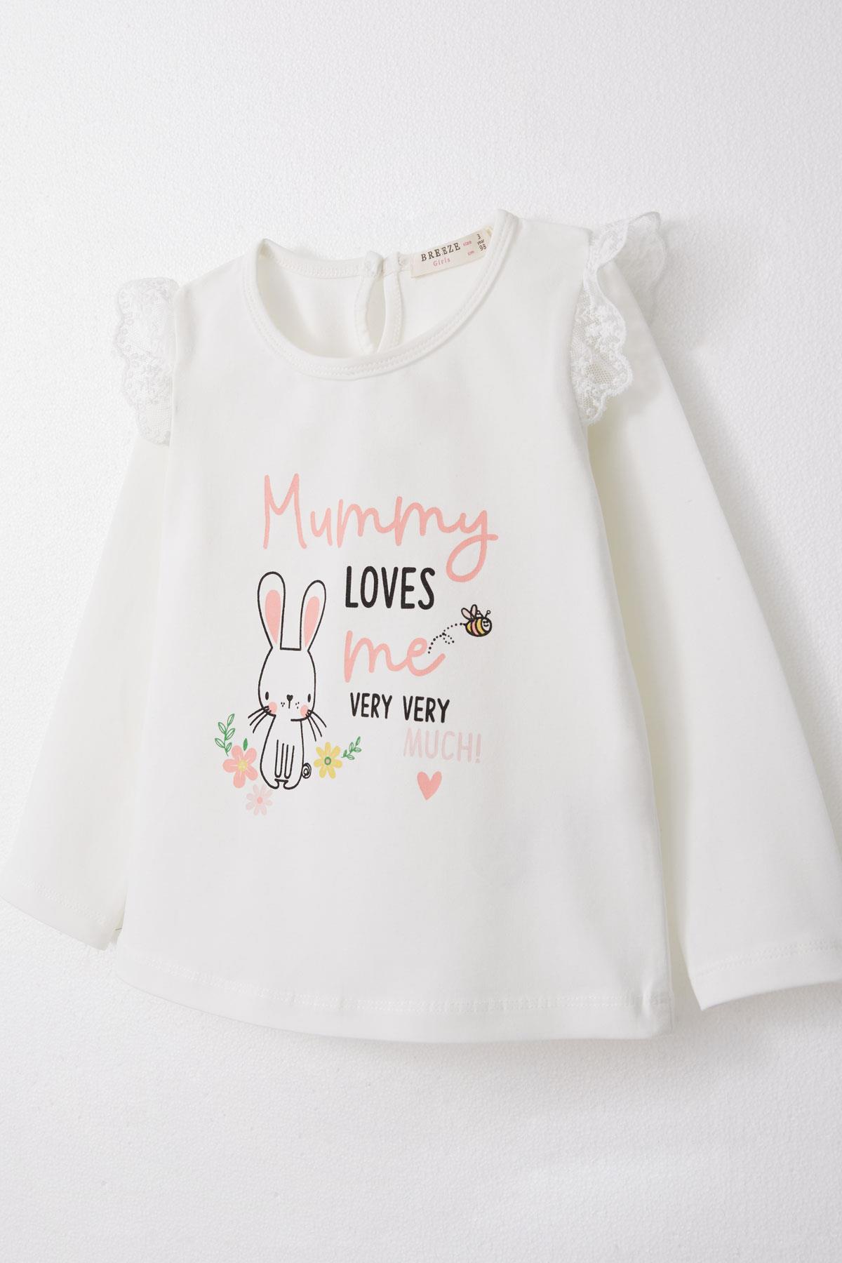 Breeze Kız Bebek Uzun Kollu Tişört Anne Sevgisi Temalı Tavşancık Baskılı Güpürlü Ekru (9 Ay-3 Yaş)