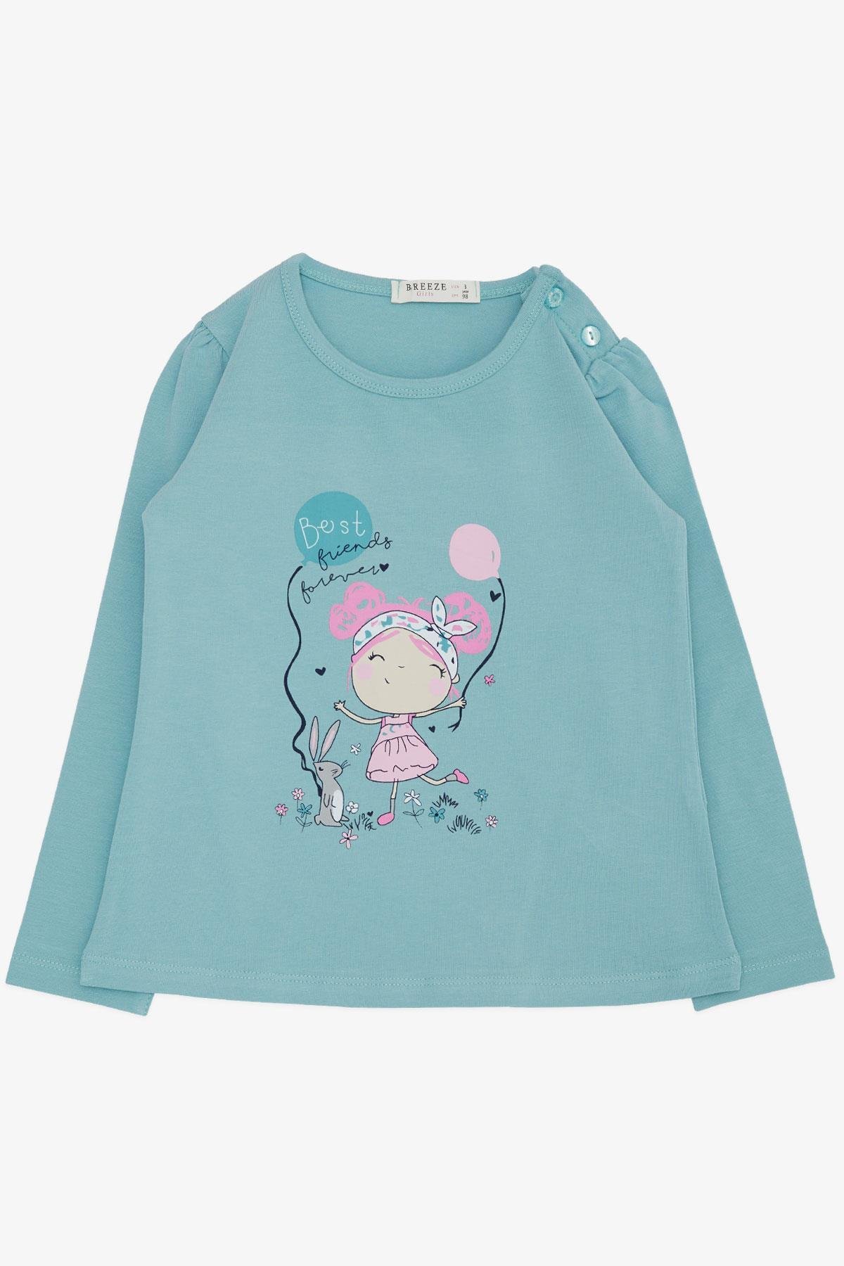 Breeze Kız Bebek Uzun Kollu Tişört Dostluk Temalı Sevimli Tavşancık & Kız Baskılı Su Yeşili (9 Ay-3 Yaş)