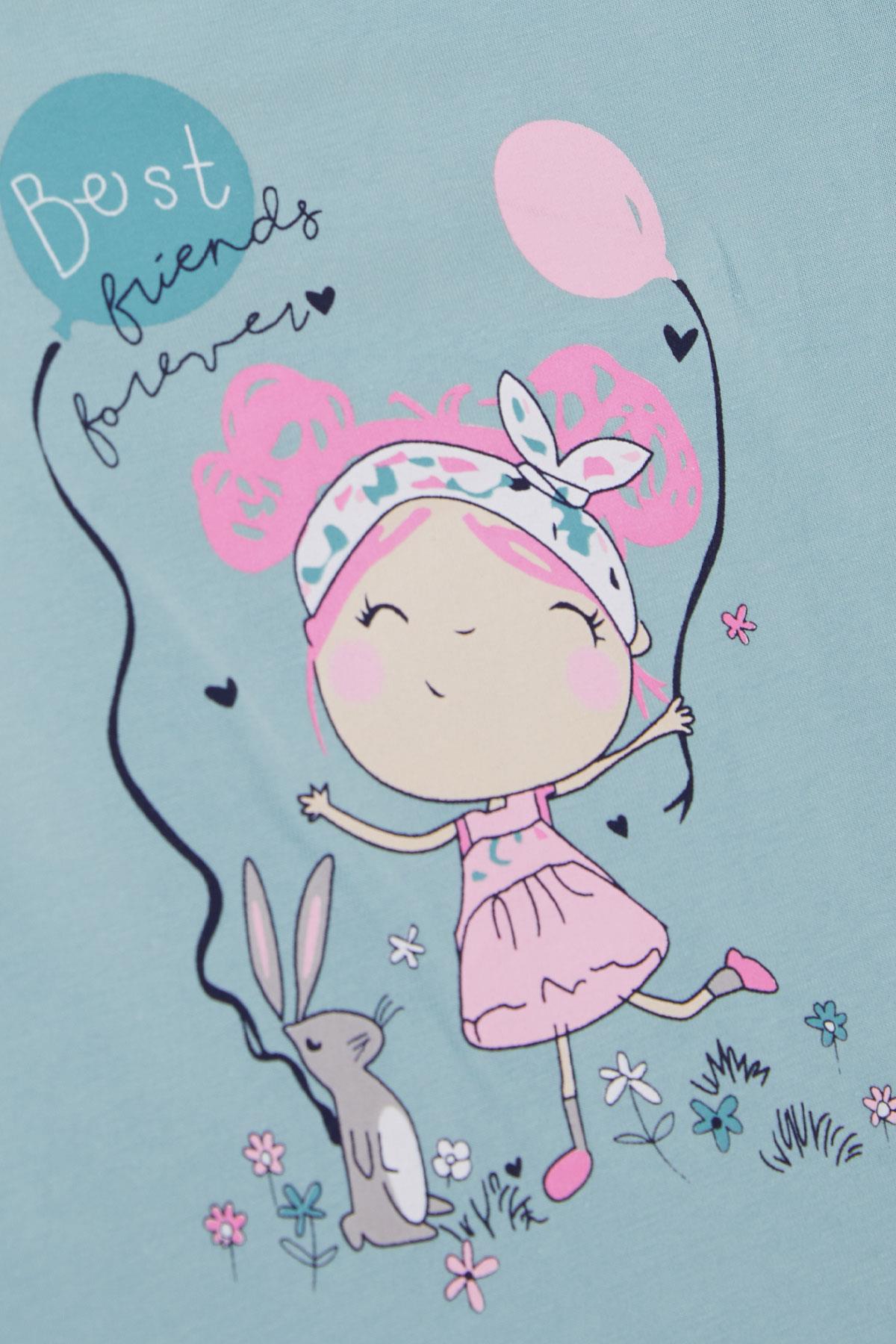 Breeze Kız Bebek Uzun Kollu Tişört Dostluk Temalı Sevimli Tavşancık & Kız Baskılı Su Yeşili (9 Ay-3 Yaş)