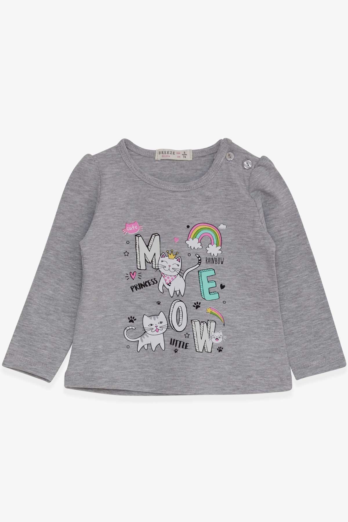 Breeze Kız Bebek Uzun Kollu Tişört Kedicik Baskılı Gri Melanj (9 Ay-3 Yaş)