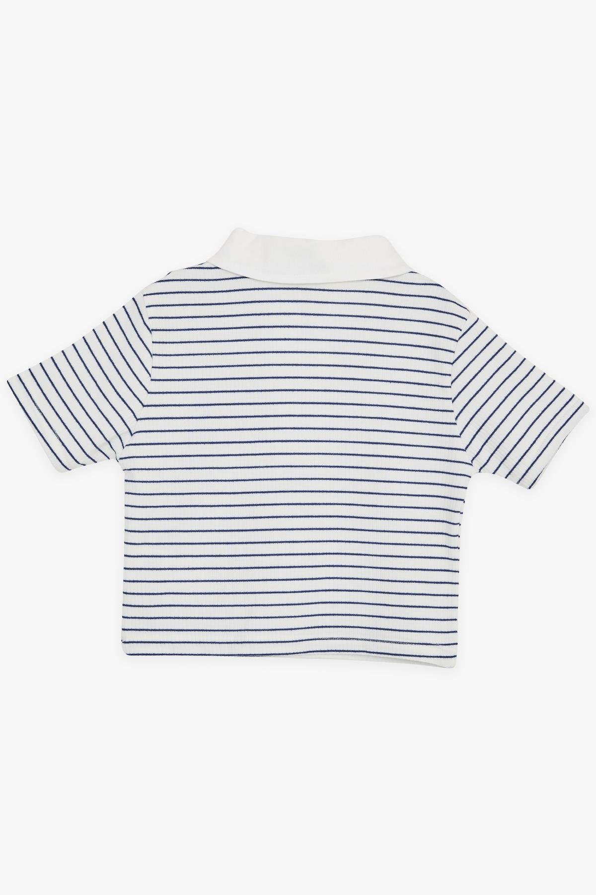 Breeze Kız Çocuk Crop Tişört Fermuarlı Çizgili Beyaz (9-14 Yaş)