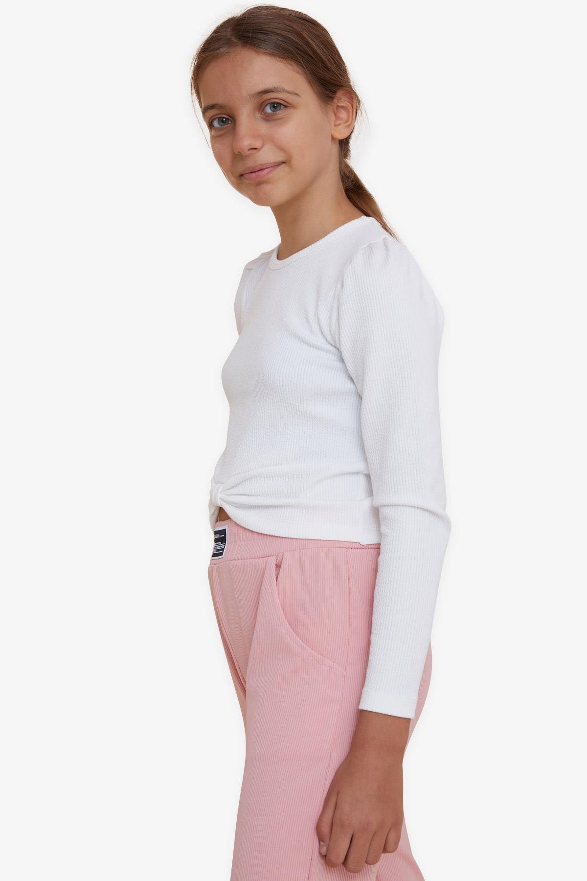 Breeze Kız Çocuk Crop Uzun Kollu Tişört Fiyonklu Ekru (8-14 Yaş)