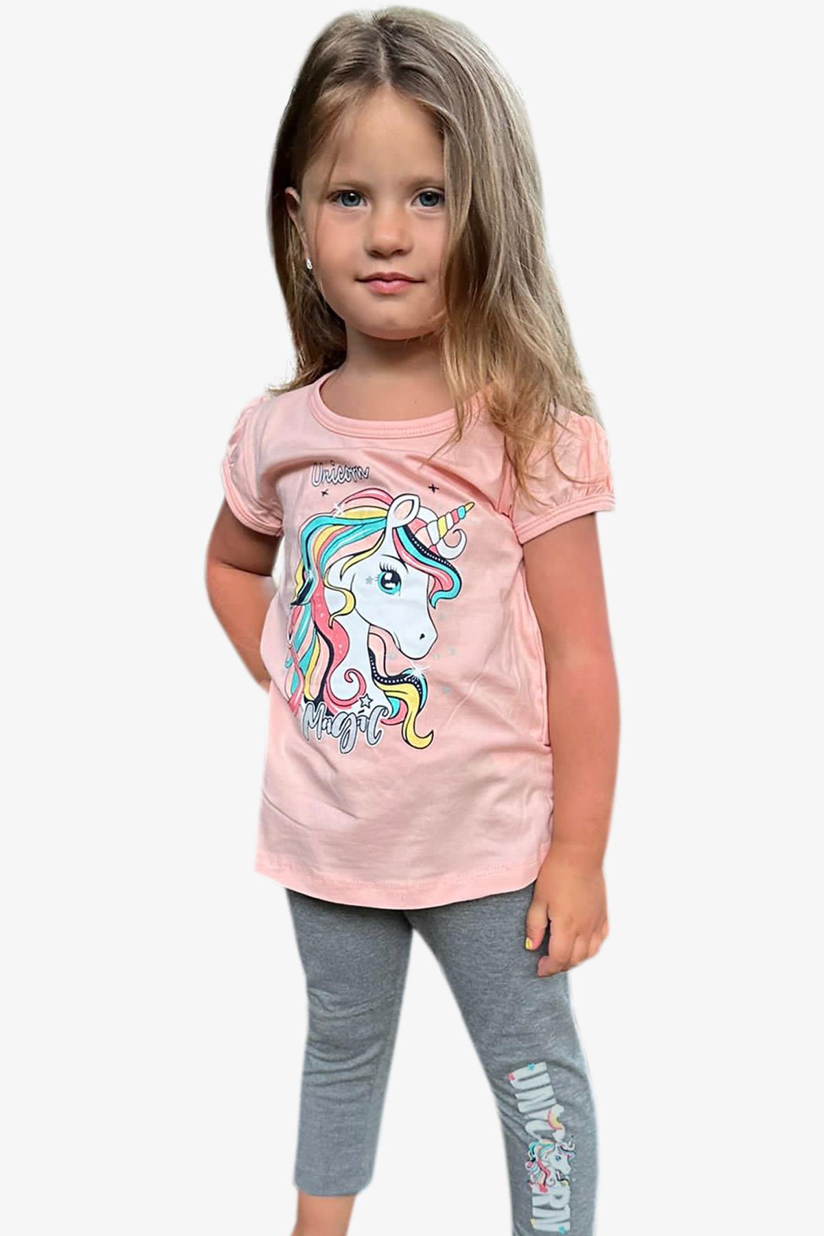 Breeze Kız Çocuk Kapri Taytlı Takım Unicorn Somon (2-6 Yaş)