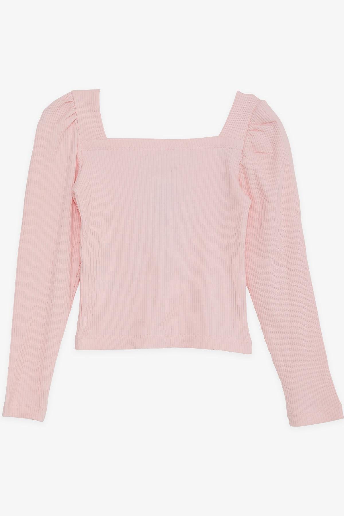 Breeze Kız Çocuk Kare Yaka Uzun Kollu Bluz Fitilli Crop Pudra (8-14 Yaş)