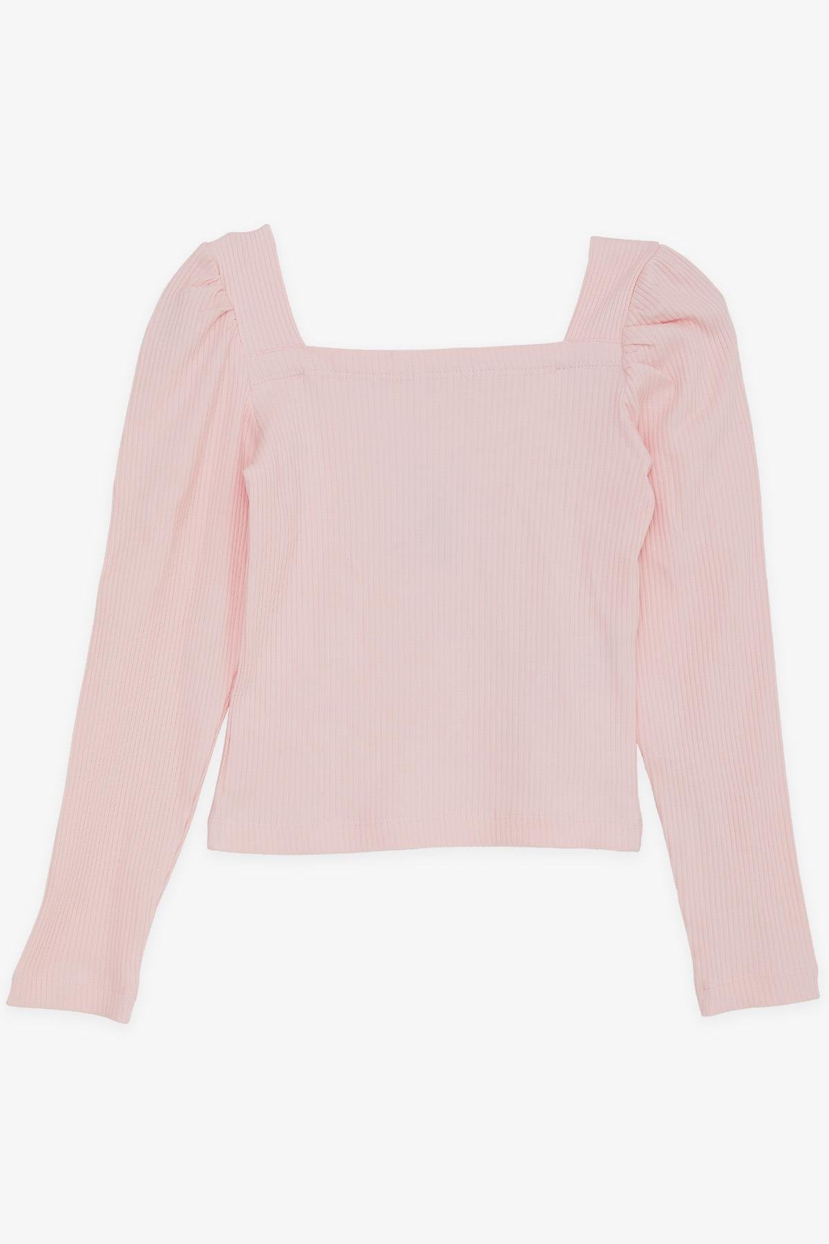 Breeze Kız Çocuk Kare Yaka Uzun Kollu Bluz Fitilli Crop Pudra (8-14 Yaş)