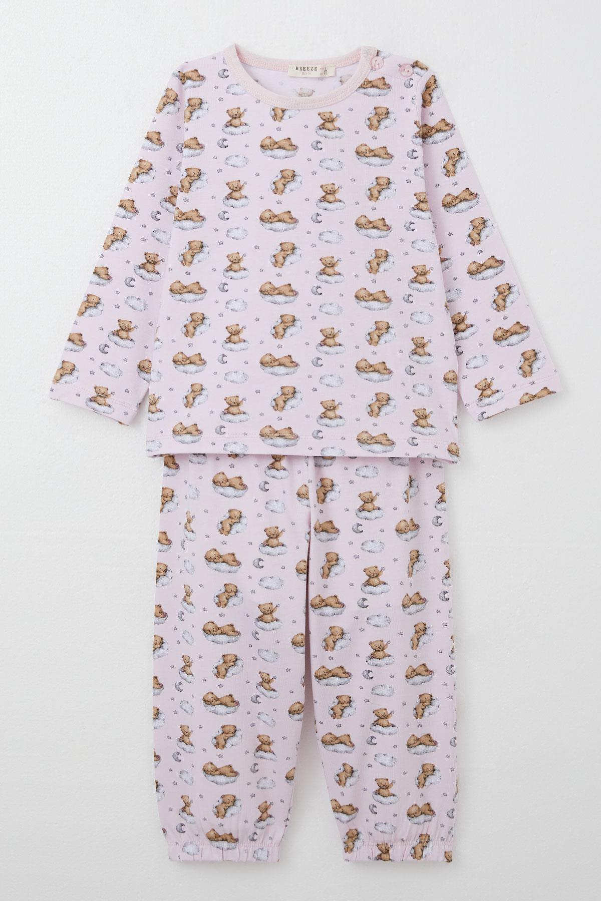 Breeze Kız Çocuk Pijama Takımı Gökyüzü Temalı Sevimli Ayıcık Desenli Pembe (1-3 Yaş)